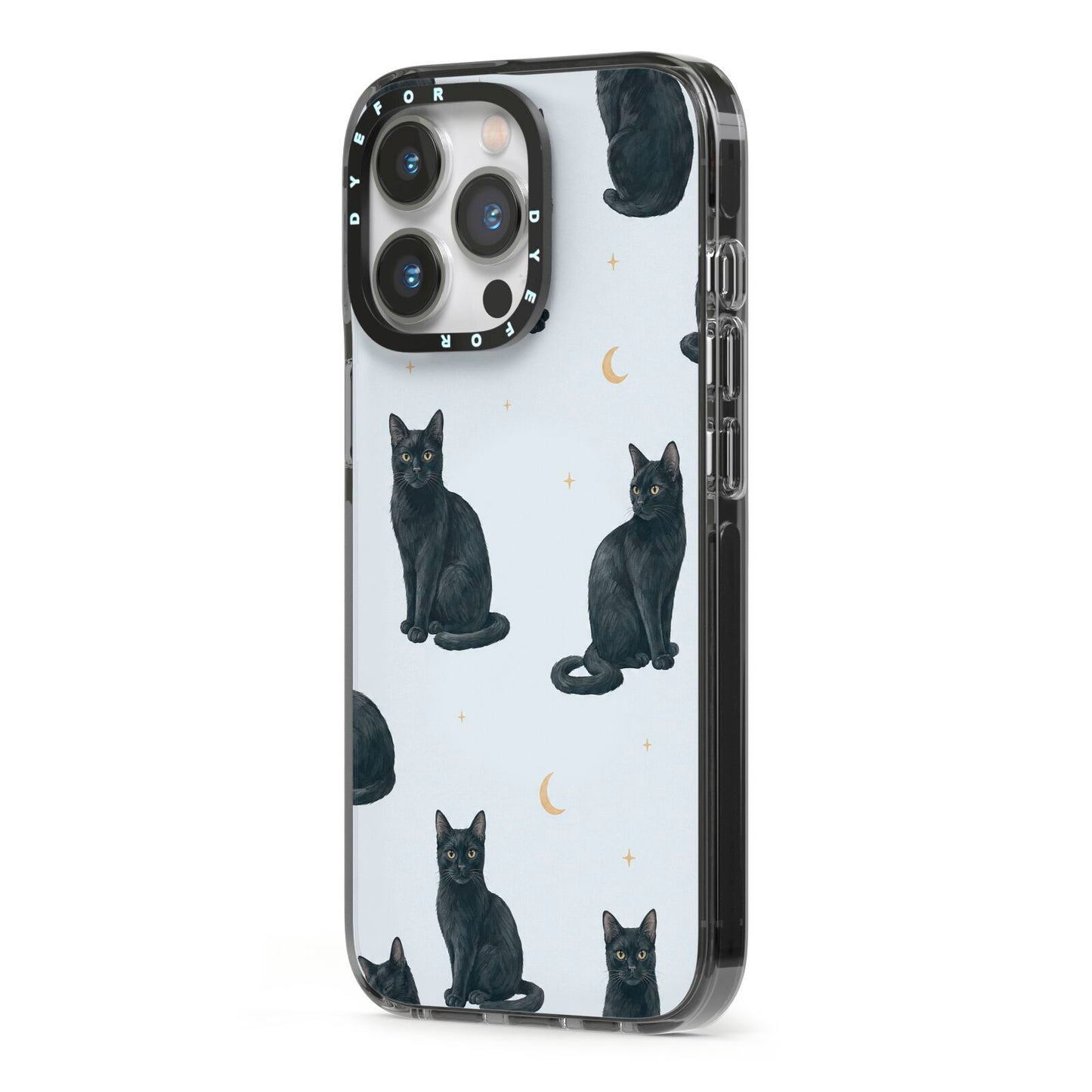 Moonlit Mews iPhone 13 Pro Black Impact Case Side Angle on Silver phone