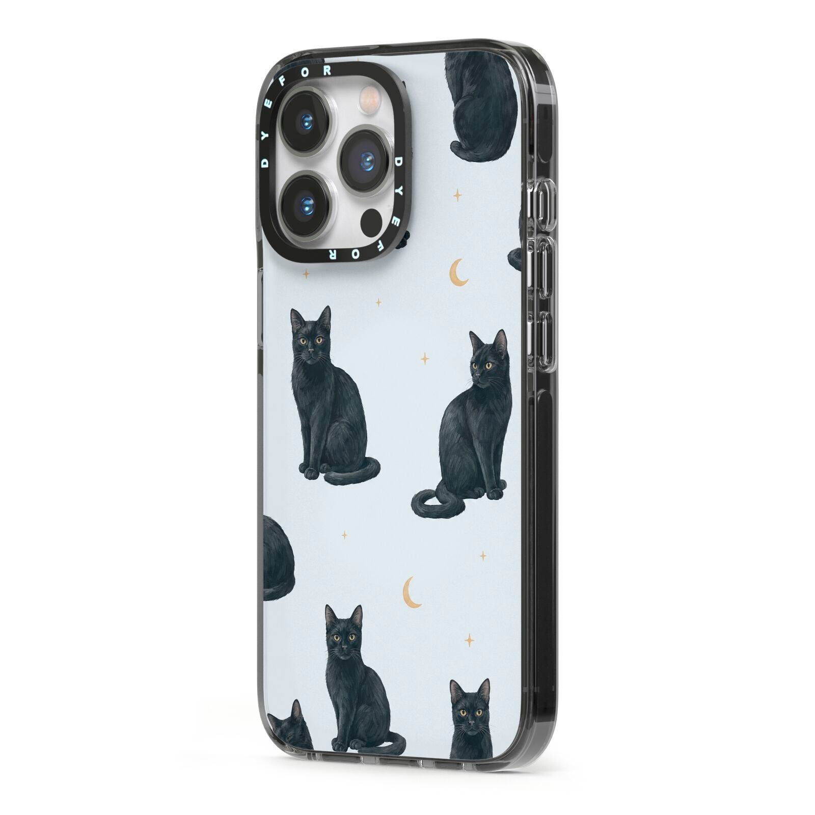 Moonlit Mews iPhone 13 Pro Black Impact Case Side Angle on Silver phone