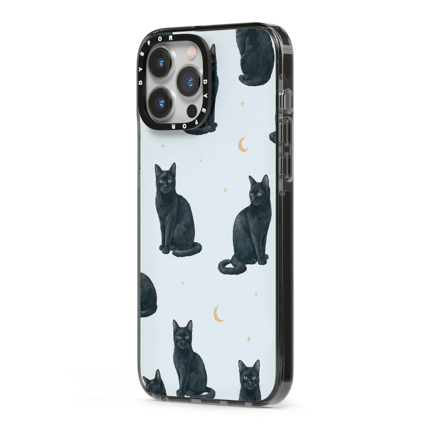 Moonlit Mews iPhone 13 Pro Max Black Impact Case Side Angle on Silver phone