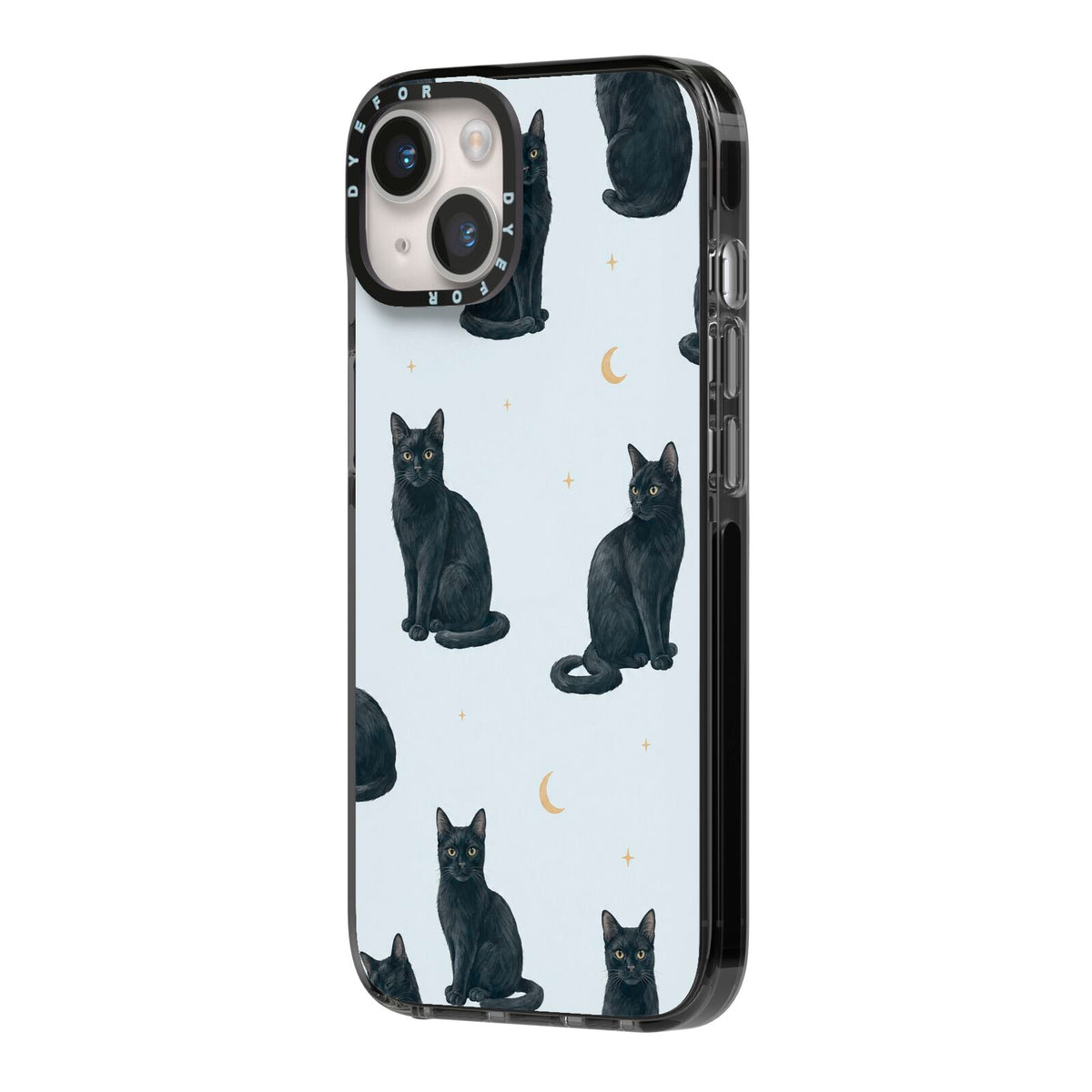 Moonlit Mews iPhone 14 Black Impact Case Side Angle on Silver phone