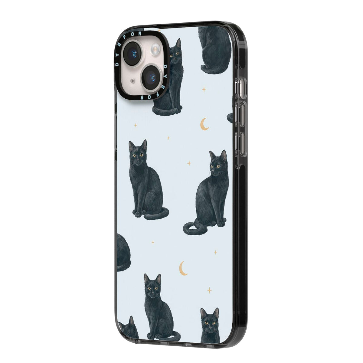Moonlit Mews iPhone 14 Plus Black Impact Case Side Angle on Silver phone