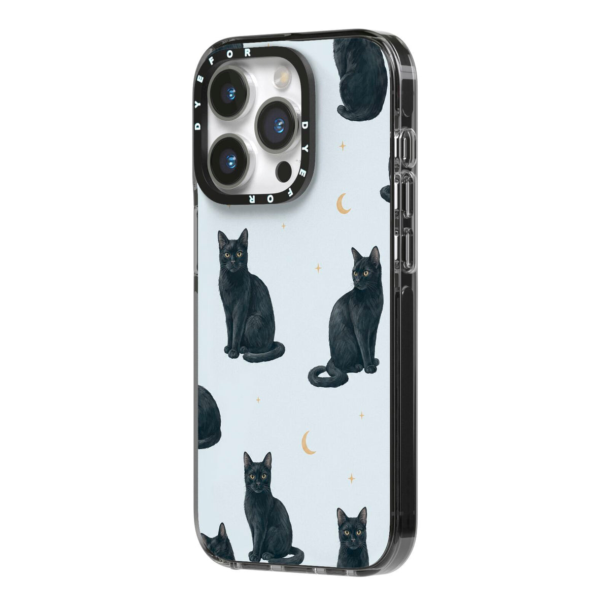 Moonlit Mews iPhone 14 Pro Black Impact Case Side Angle on Silver phone