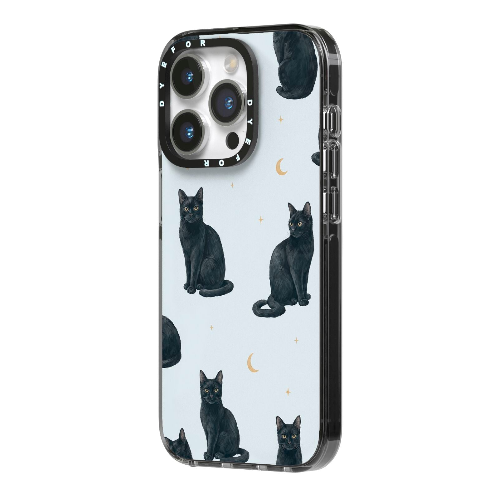 Moonlit Mews iPhone 14 Pro Black Impact Case Side Angle on Silver phone
