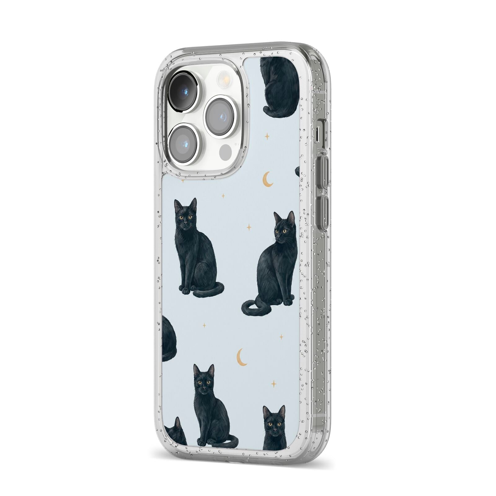 Moonlit Mews iPhone 14 Pro Glitter Tough Case Silver Angled Image