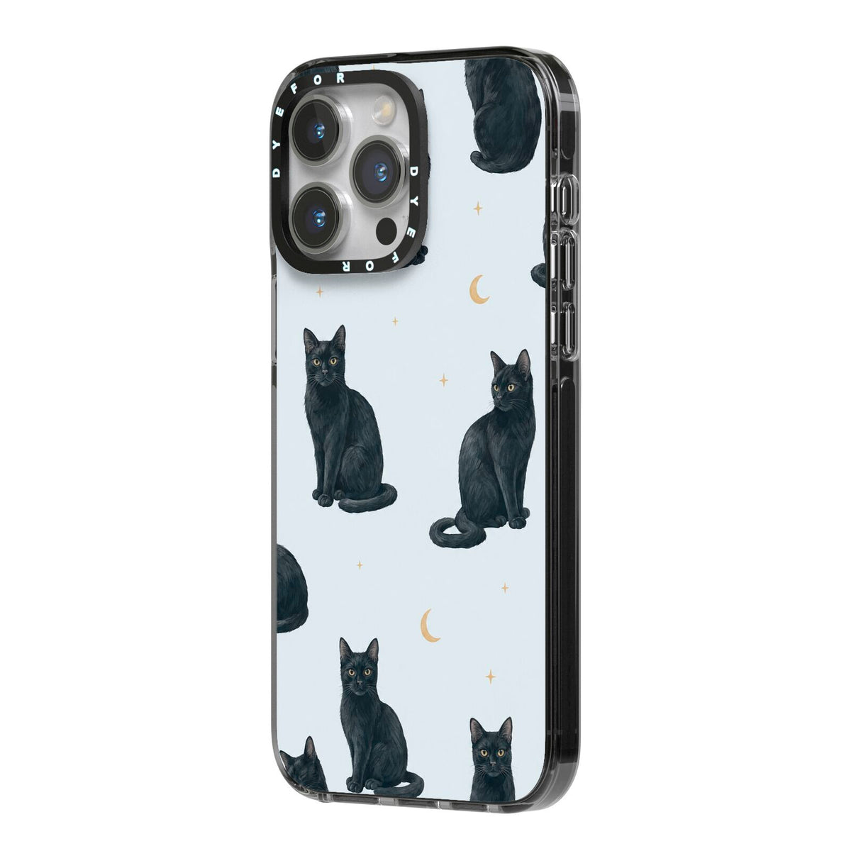 Moonlit Mews iPhone 14 Pro Max Black Impact Case Side Angle on Silver phone