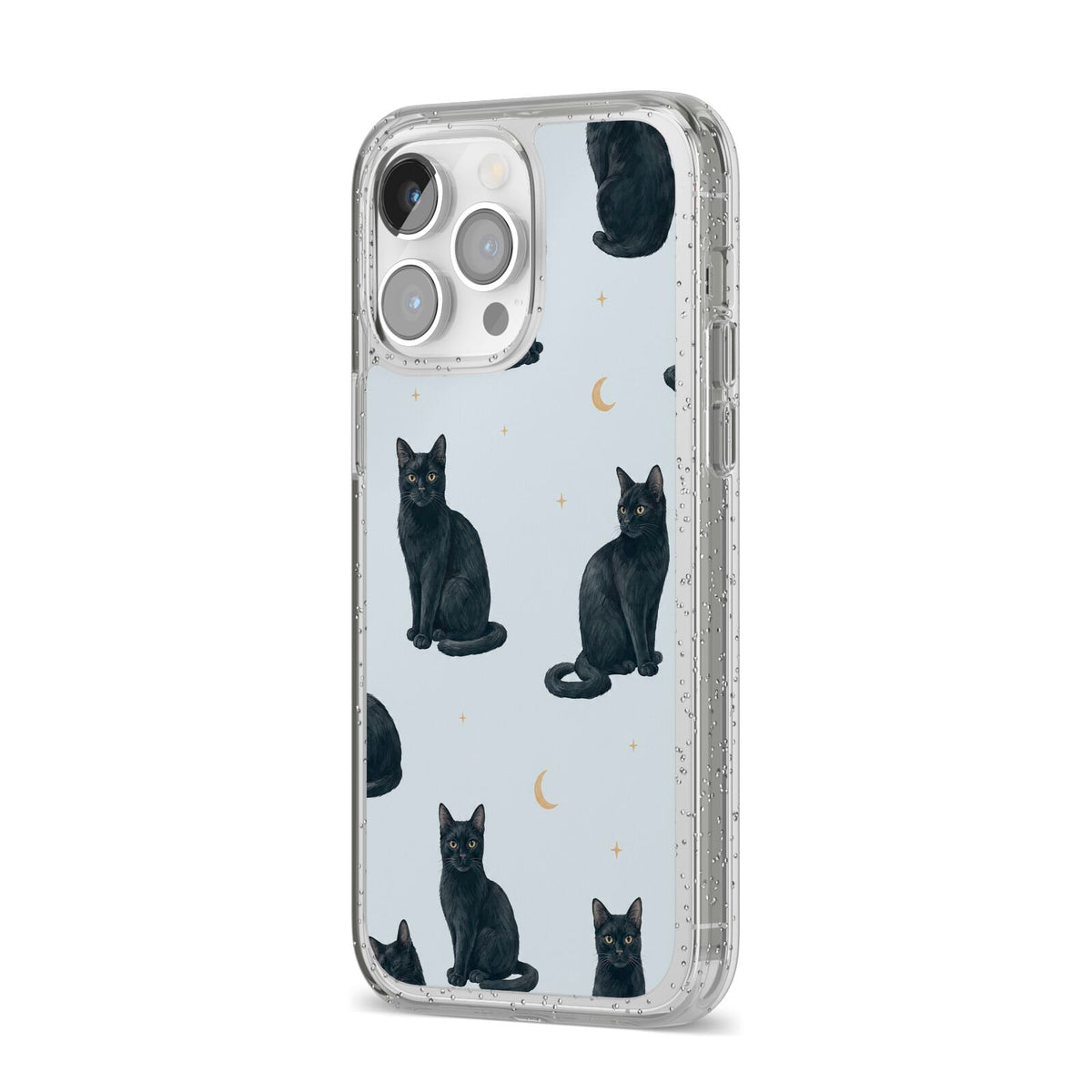 Moonlit Mews iPhone 14 Pro Max Glitter Tough Case Silver Angled Image