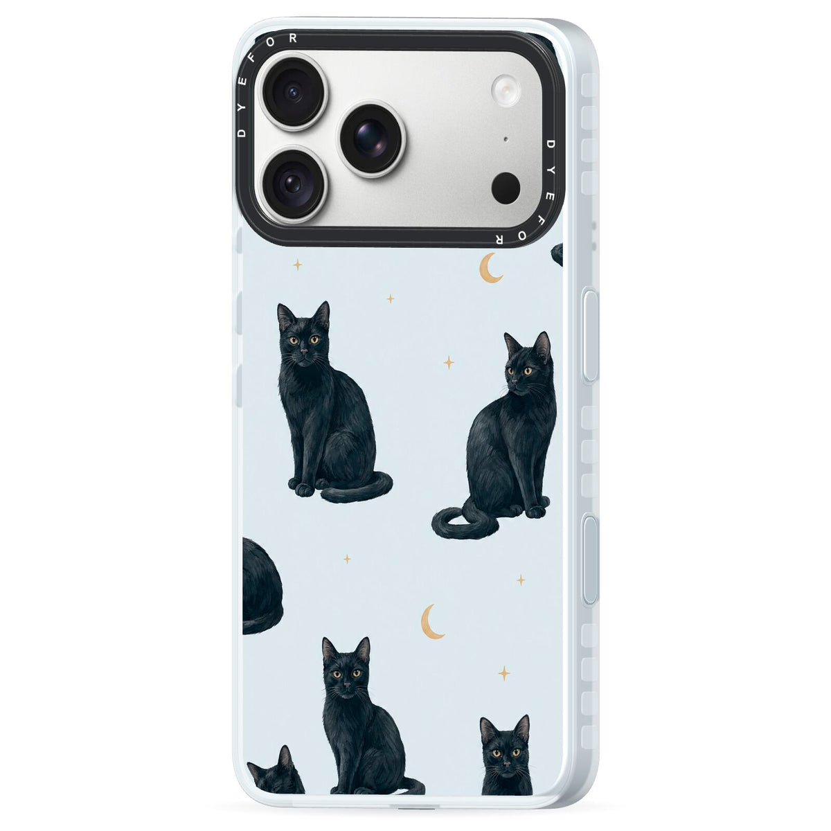 Moonlit Mews iPhone 18 Pro Black Impact Pre order Case Side Angle on Silver phone