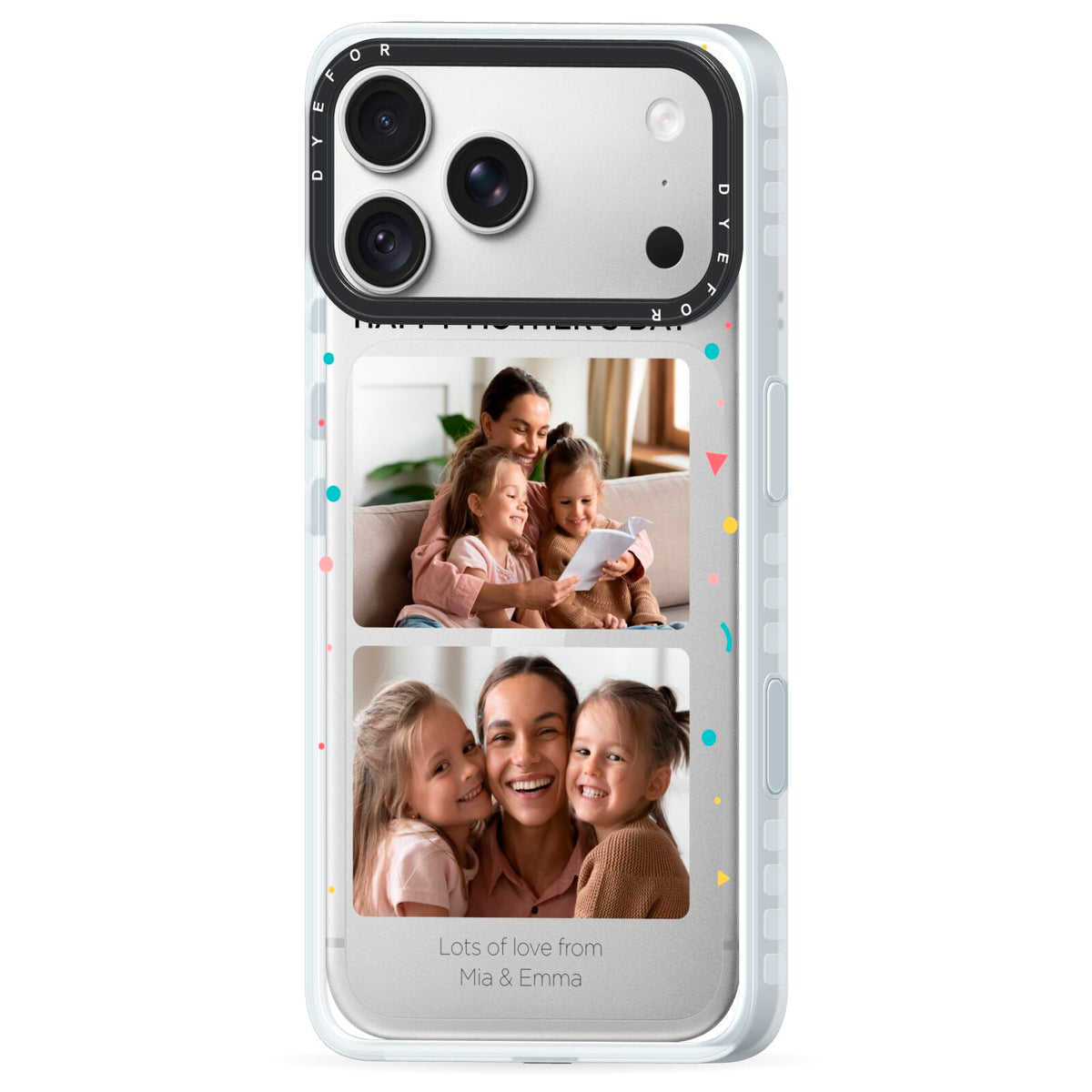 Mothers Day Confetti Photos with Names iPhone 18 Pro Black Impact Pre order Case Side Angle on Silver phone