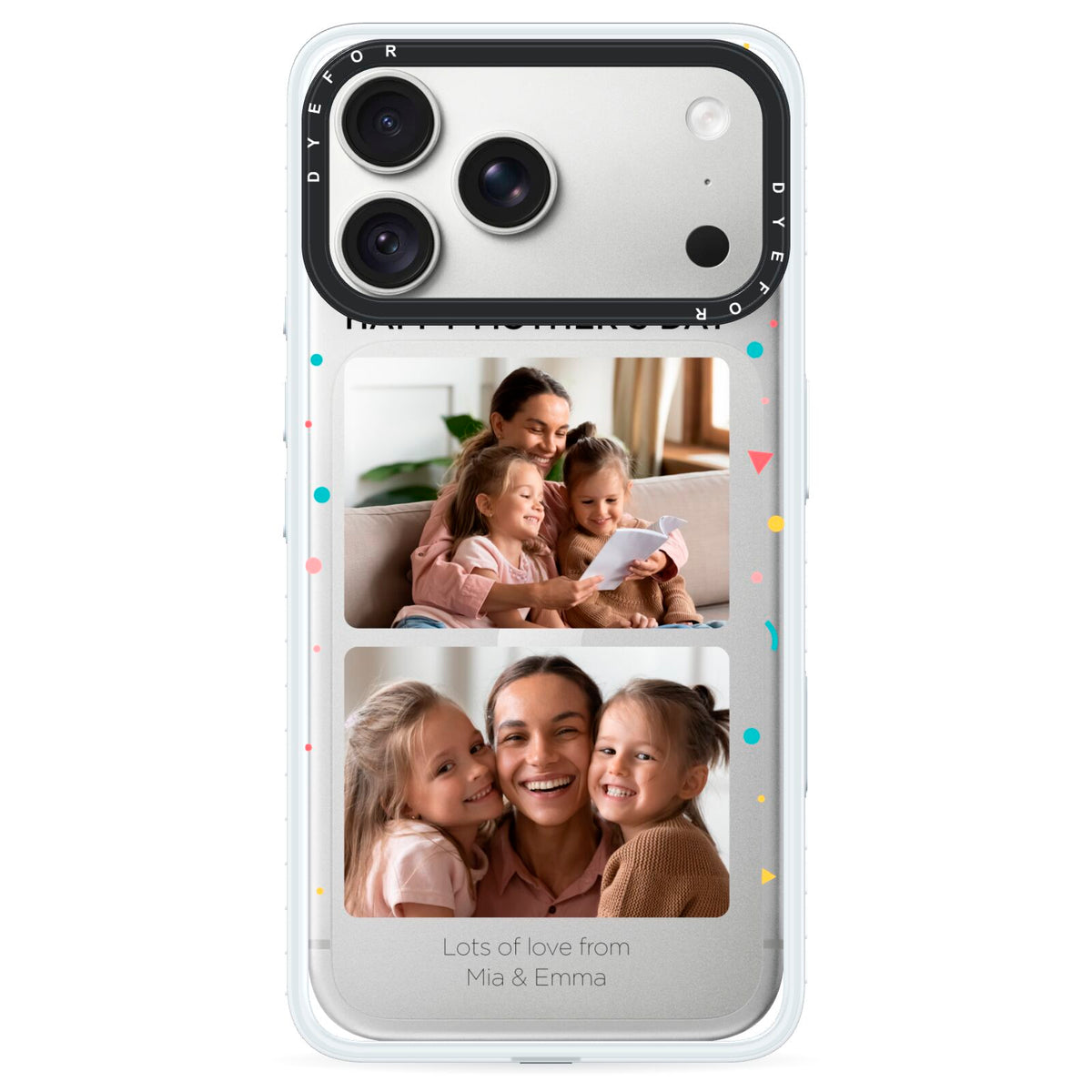 Mothers Day Confetti Photos with Names iPhone 18 Pro Black Impact Pre order Case on Silver phone