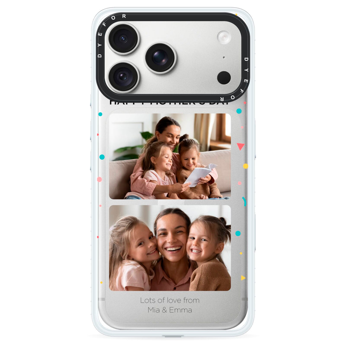 Mothers Day Confetti Photos with Names iPhone 18 Pro Max Black Impact Pre order Case on Silver phone
