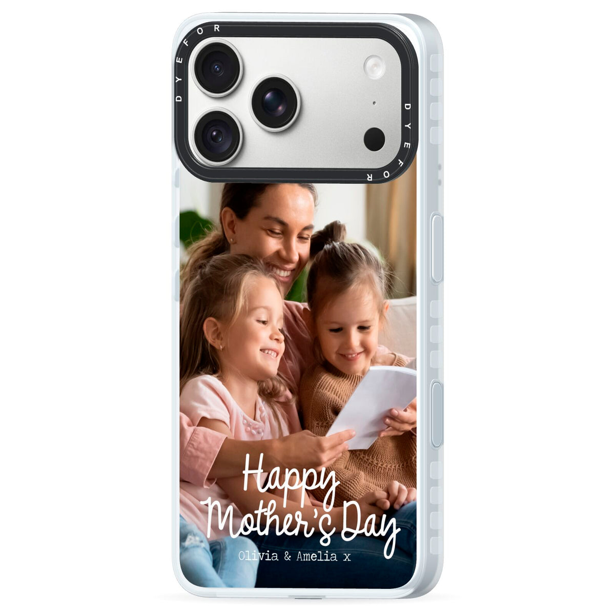 Mothers Day Family Photo with Names iPhone 18 Pro Black Impact Pre order Case Side Angle on Silver phone