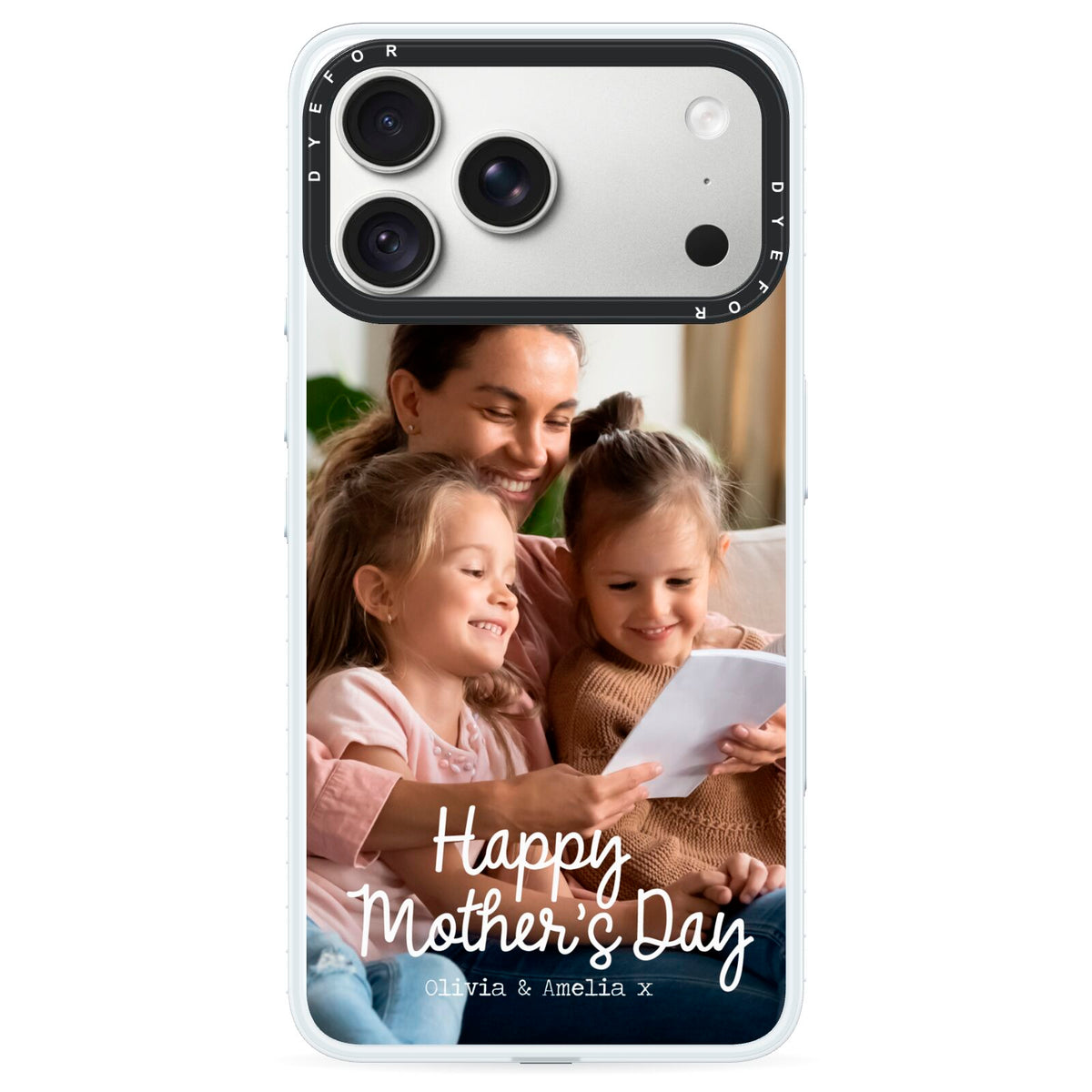 Mothers Day Family Photo with Names iPhone 18 Pro Max Black Impact Pre order Case on Silver phone