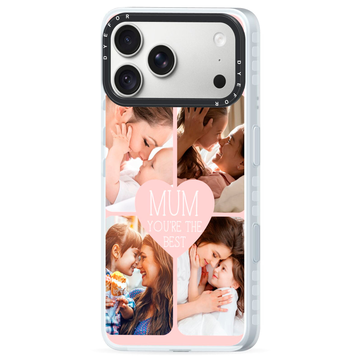 Mothers Day Four Photo Upload iPhone 18 Pro Max Black Impact Pre order Case Side Angle on Silver phone
