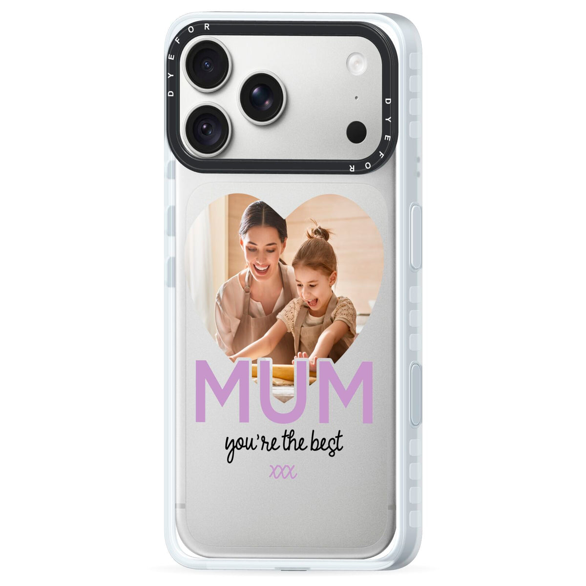 Mothers Day Heart Photo iPhone 18 Pro Max Black Impact Pre order Case Side Angle on Silver phone