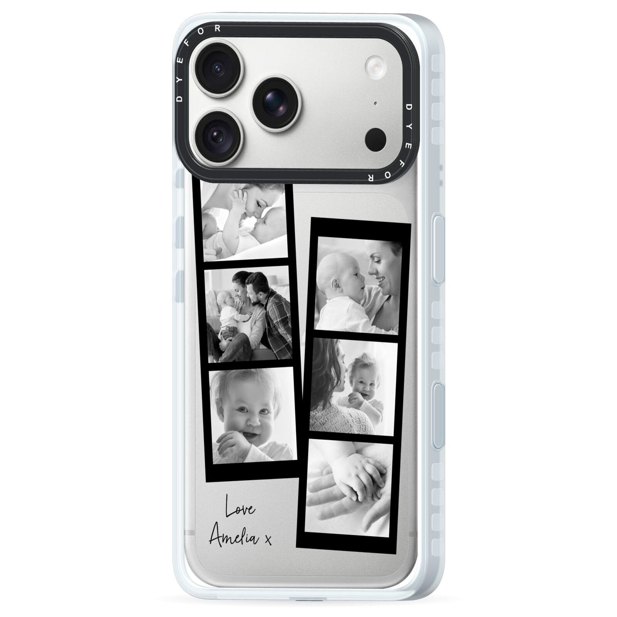 Mothers Day Photo Strip iPhone 18 Pro Black Impact Pre order Case Side Angle on Silver phone