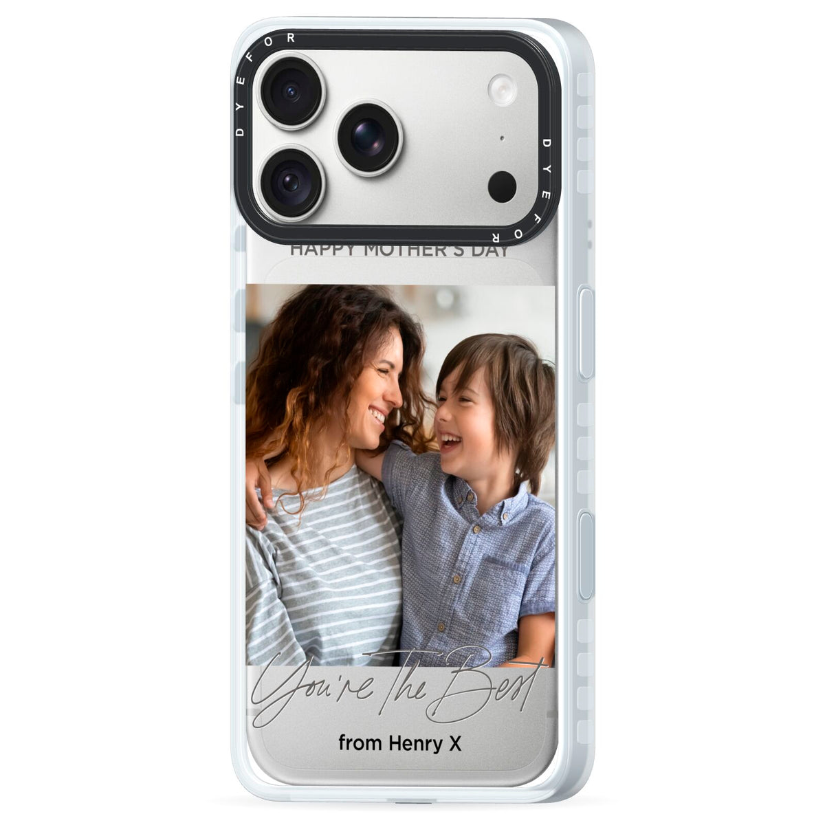 Mothers Day Photo with Name iPhone 18 Pro Black Impact Pre order Case Side Angle on Silver phone