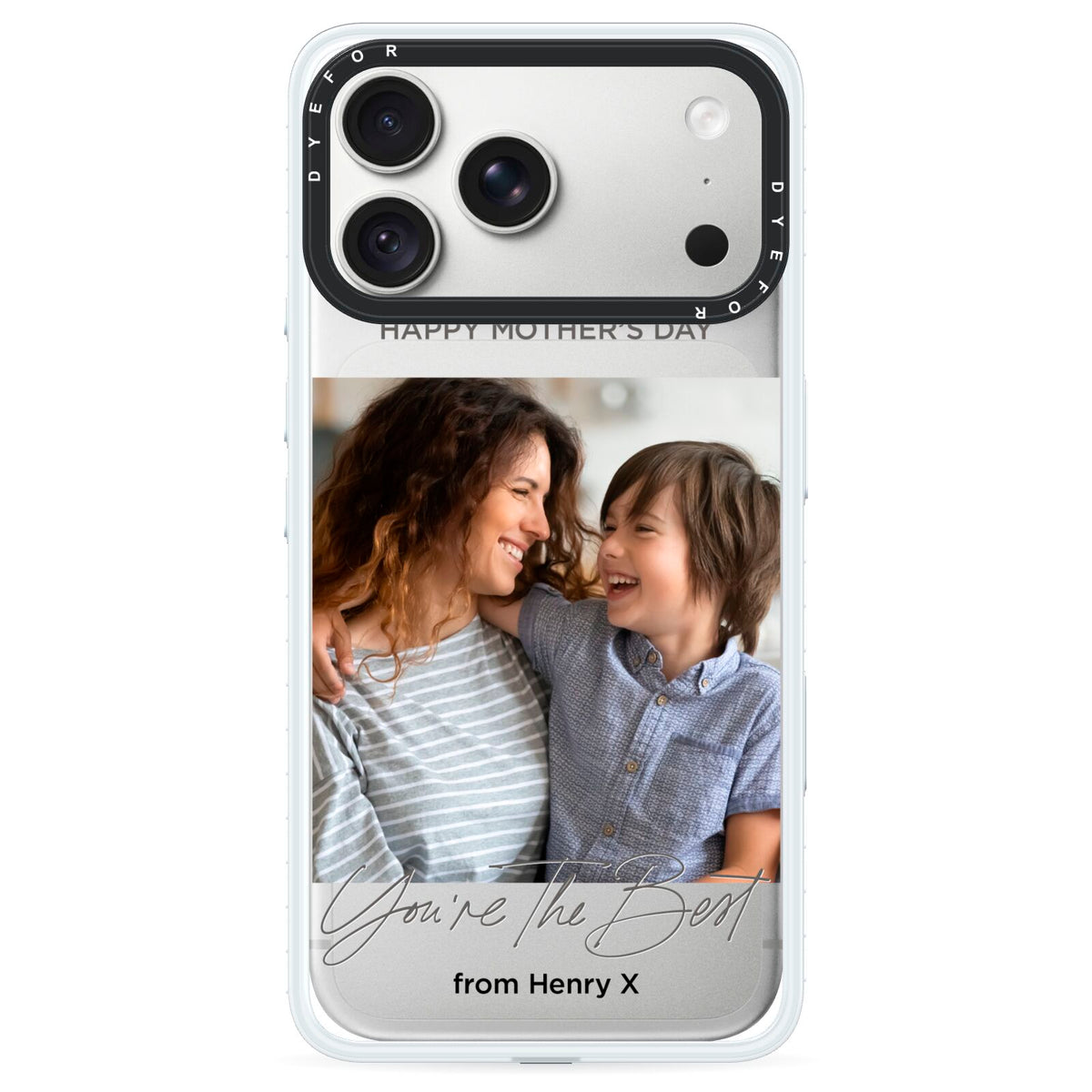 Mothers Day Photo with Name iPhone 18 Pro Max Black Impact Pre order Case on Silver phone