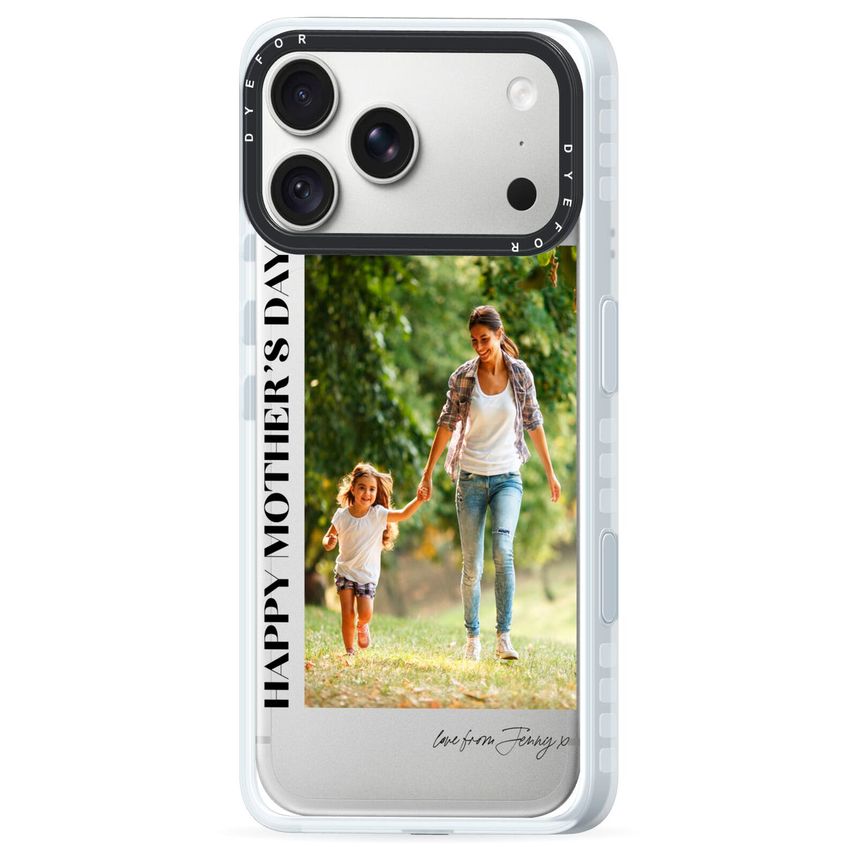 Mothers Day Photo with Text iPhone 18 Pro Black Impact Pre order Case Side Angle on Silver phone