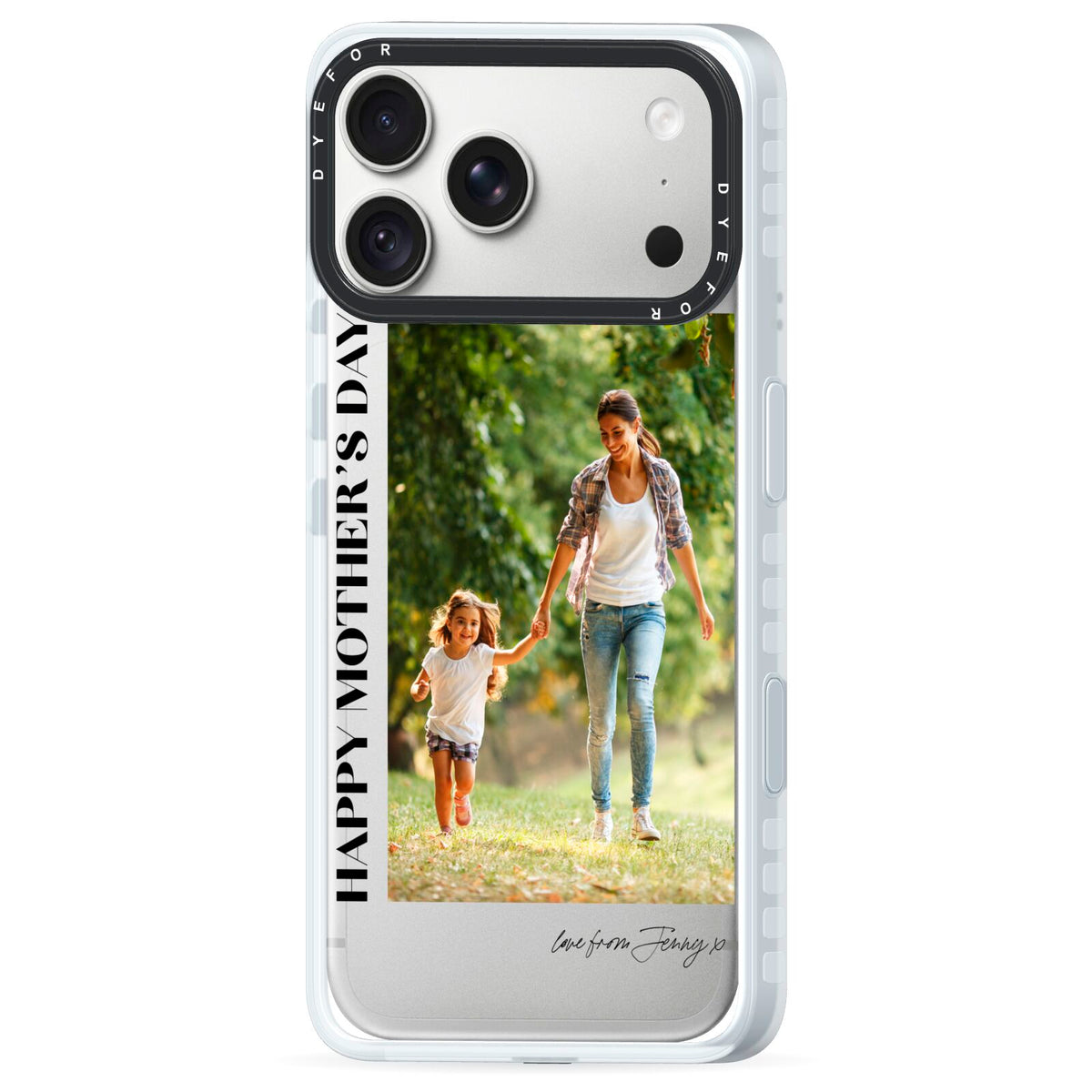 Mothers Day Photo with Text iPhone 18 Pro Max Black Impact Pre order Case Side Angle on Silver phone