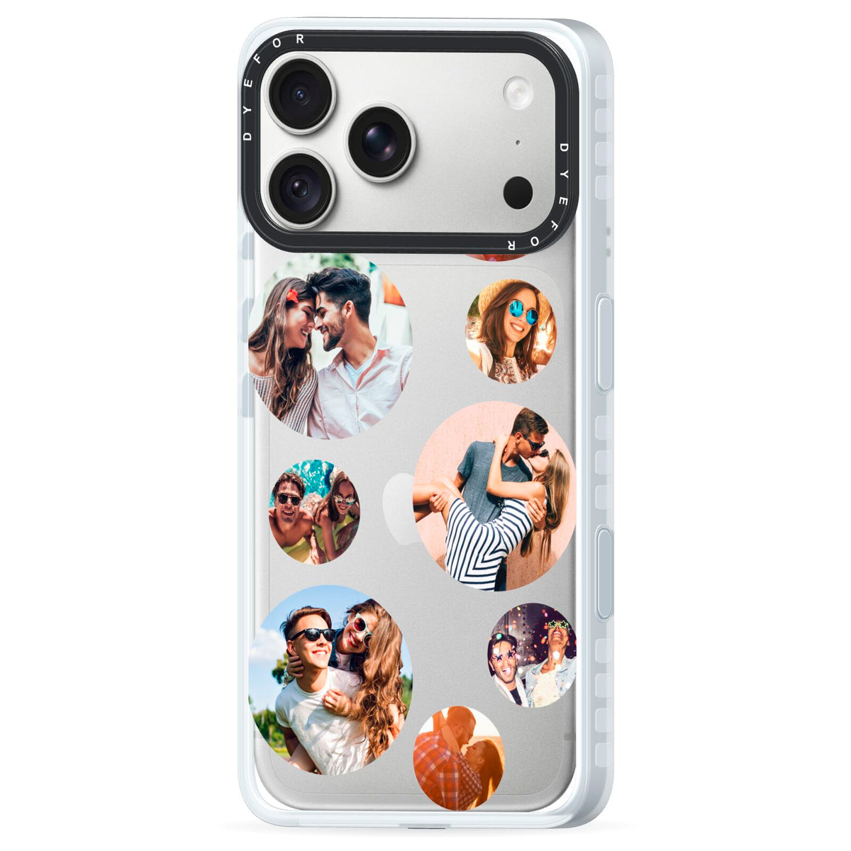 Multi Circular Photo Collage Upload iPhone 18 Pro Black Impact Pre order Case Side Angle on Silver phone