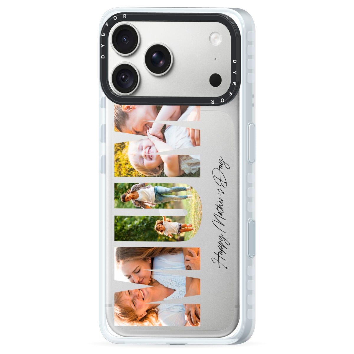Mum Letters Photo Upload iPhone 18 Pro Black Impact Pre order Case Side Angle on Silver phone