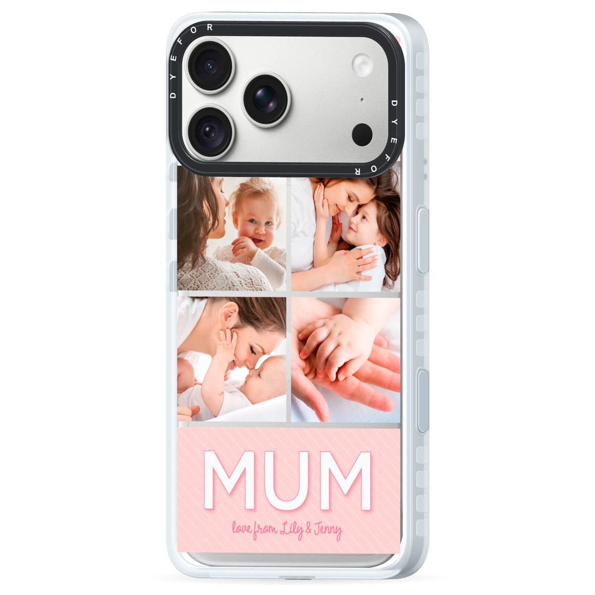 Mum Pink Mothers Day Multi Photo iPhone 18 Pro Black Impact Pre order Case Side Angle on Silver phone