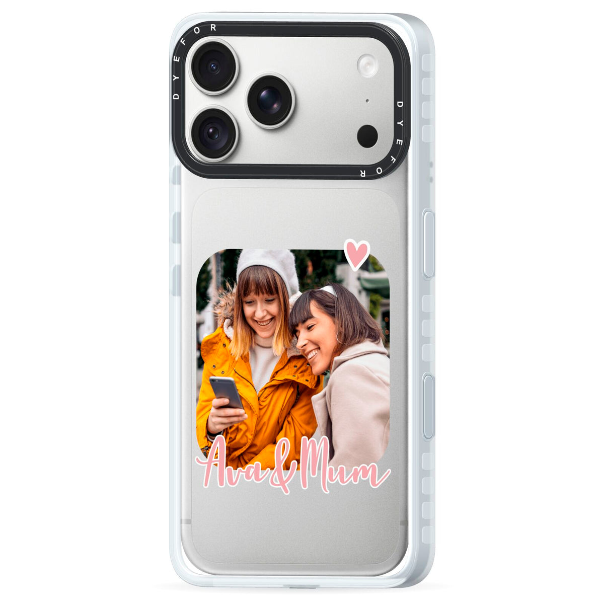 Mummy and Me Custom Photo iPhone 18 Pro Max Black Impact Pre order Case Side Angle on Silver phone