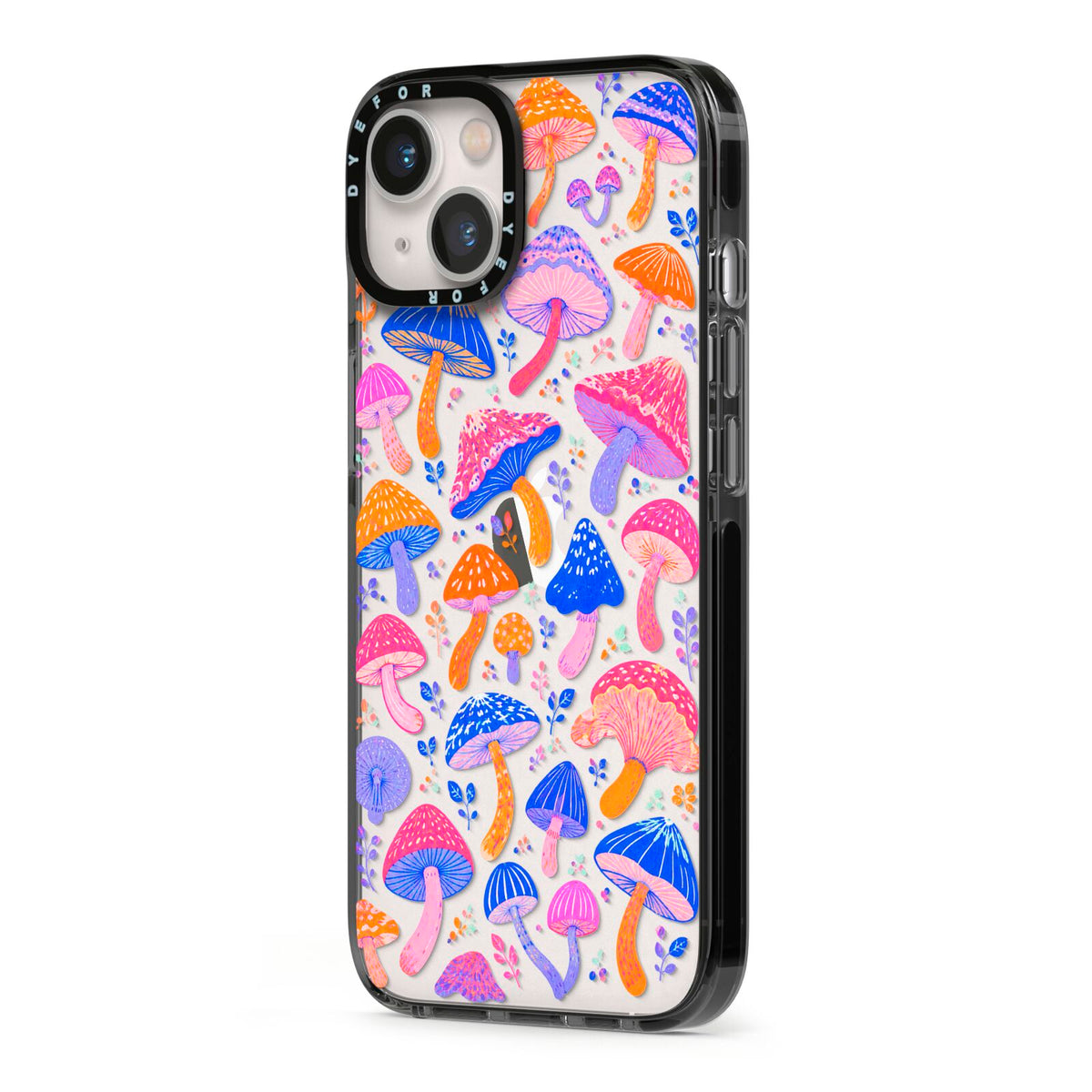 Mushroom Jive iPhone 13 Black Impact Case Side Angle on Silver phone