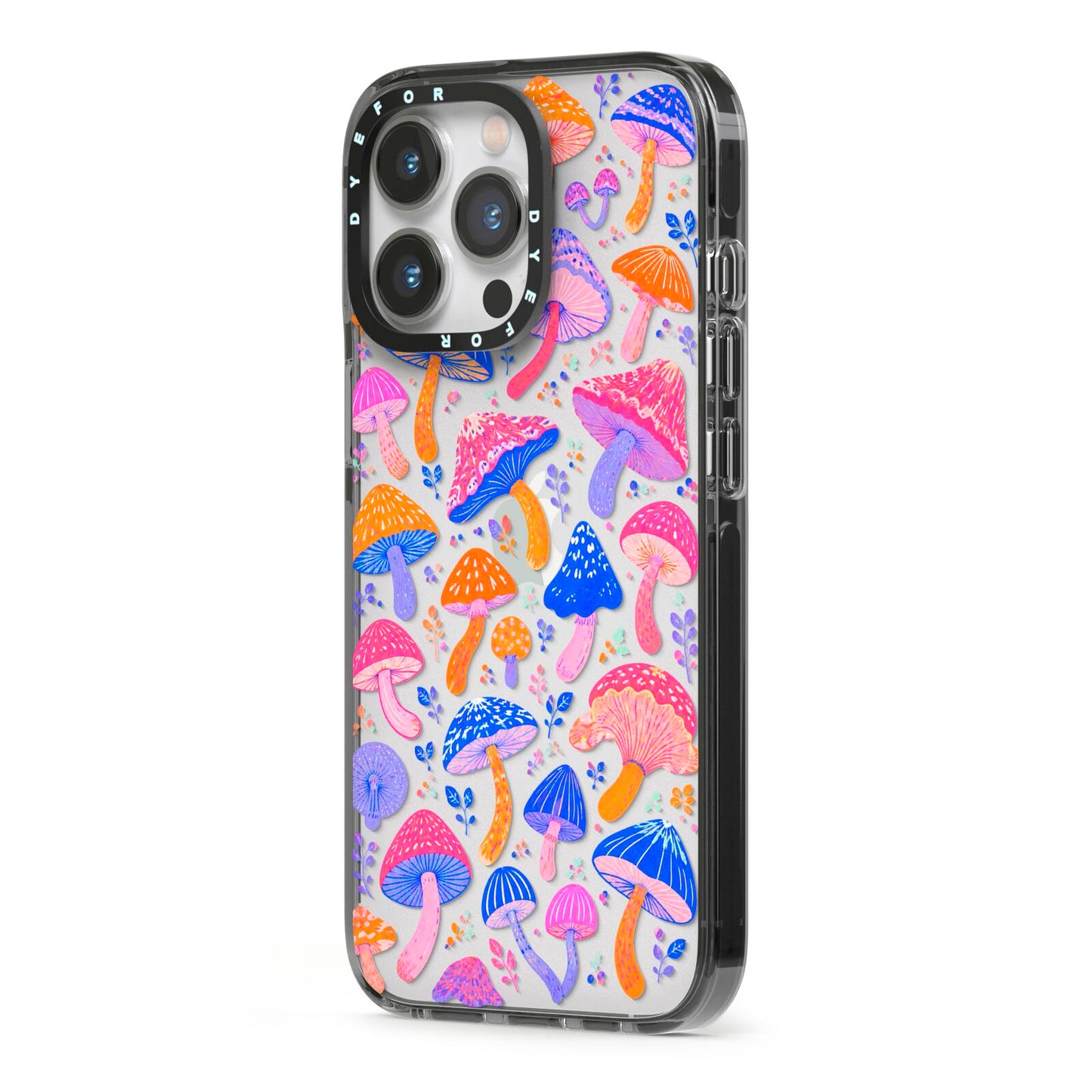 Mushroom Jive iPhone 13 Pro Black Impact Case Side Angle on Silver phone
