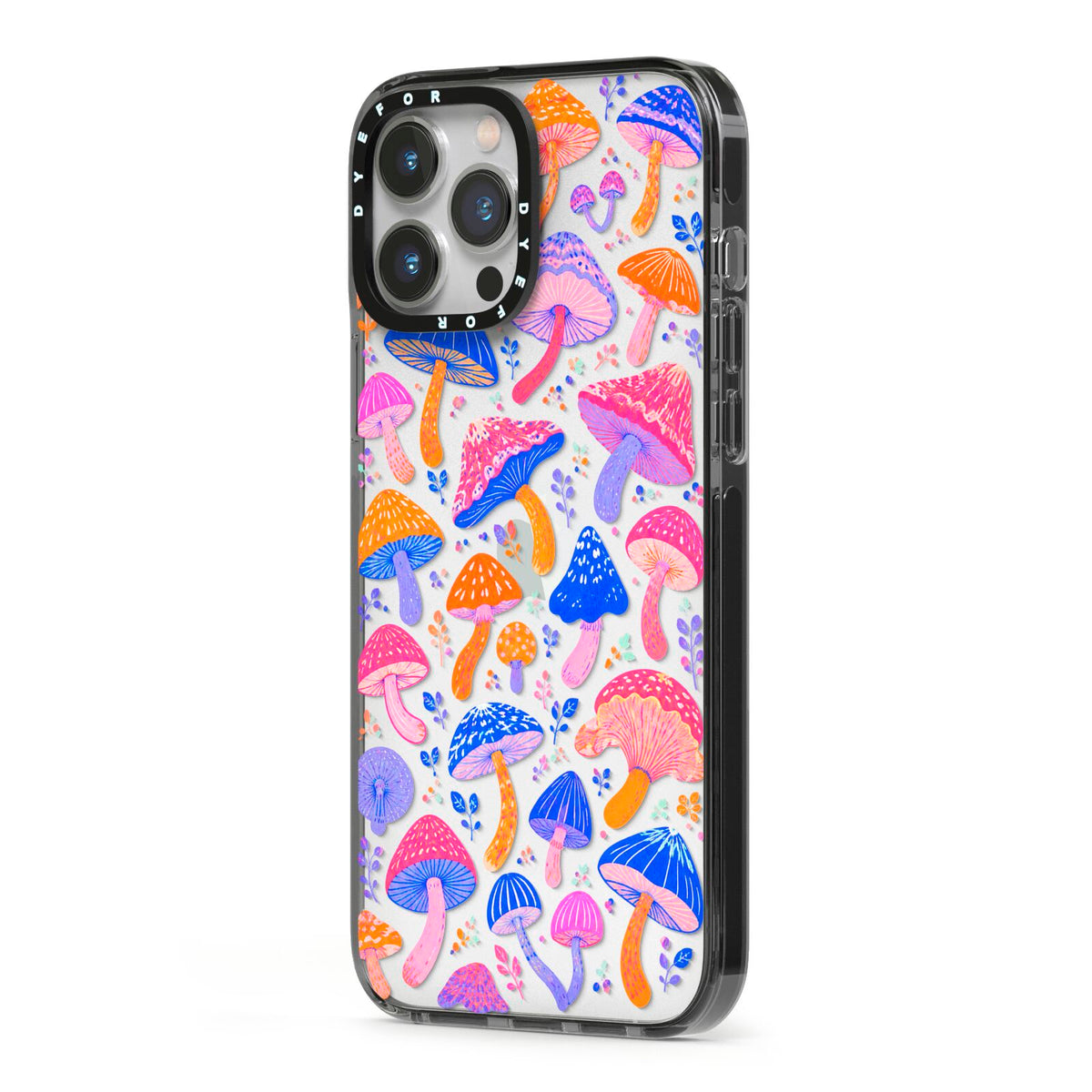 Mushroom Jive iPhone 13 Pro Max Black Impact Case Side Angle on Silver phone