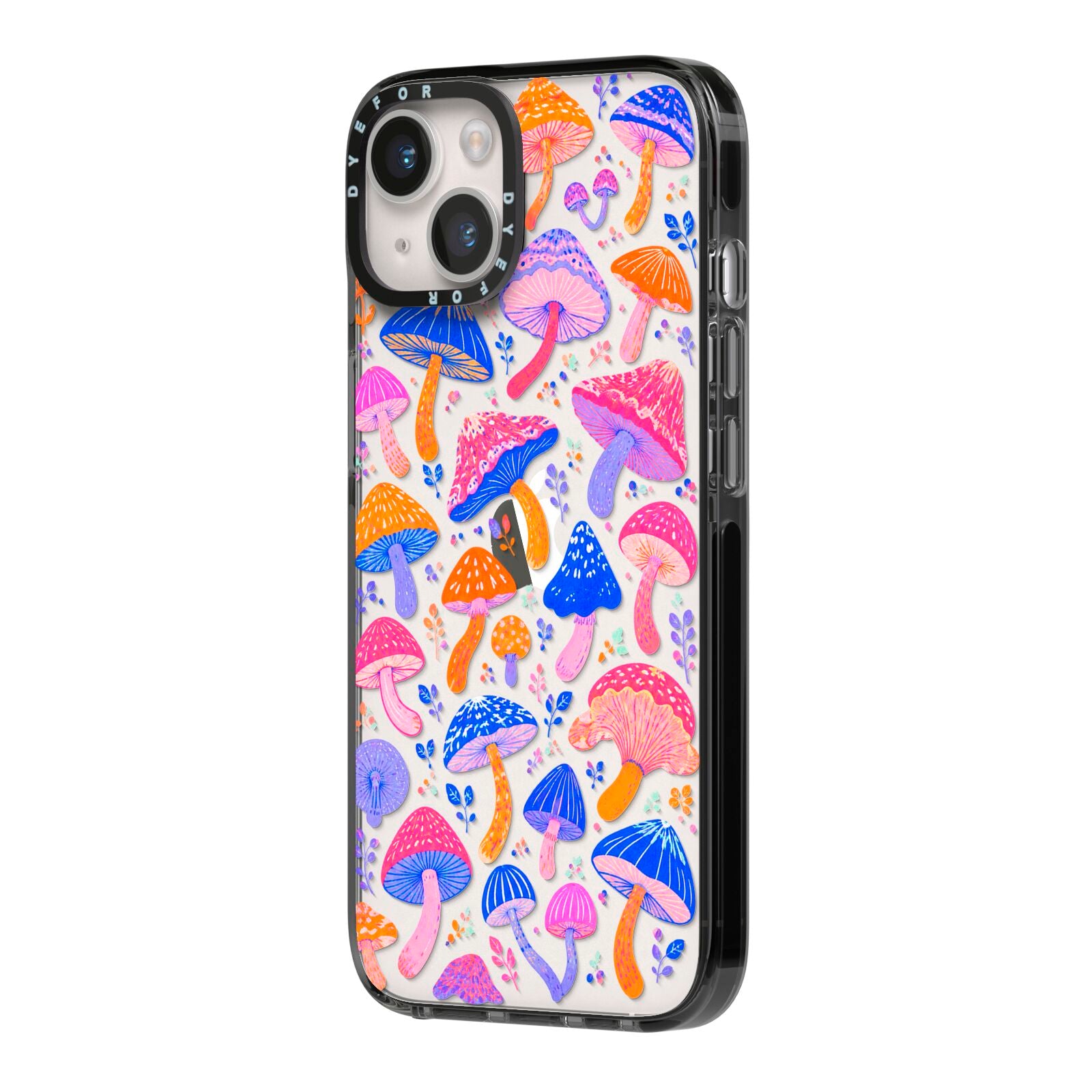 Mushroom Jive iPhone 14 Black Impact Case Side Angle on Silver phone