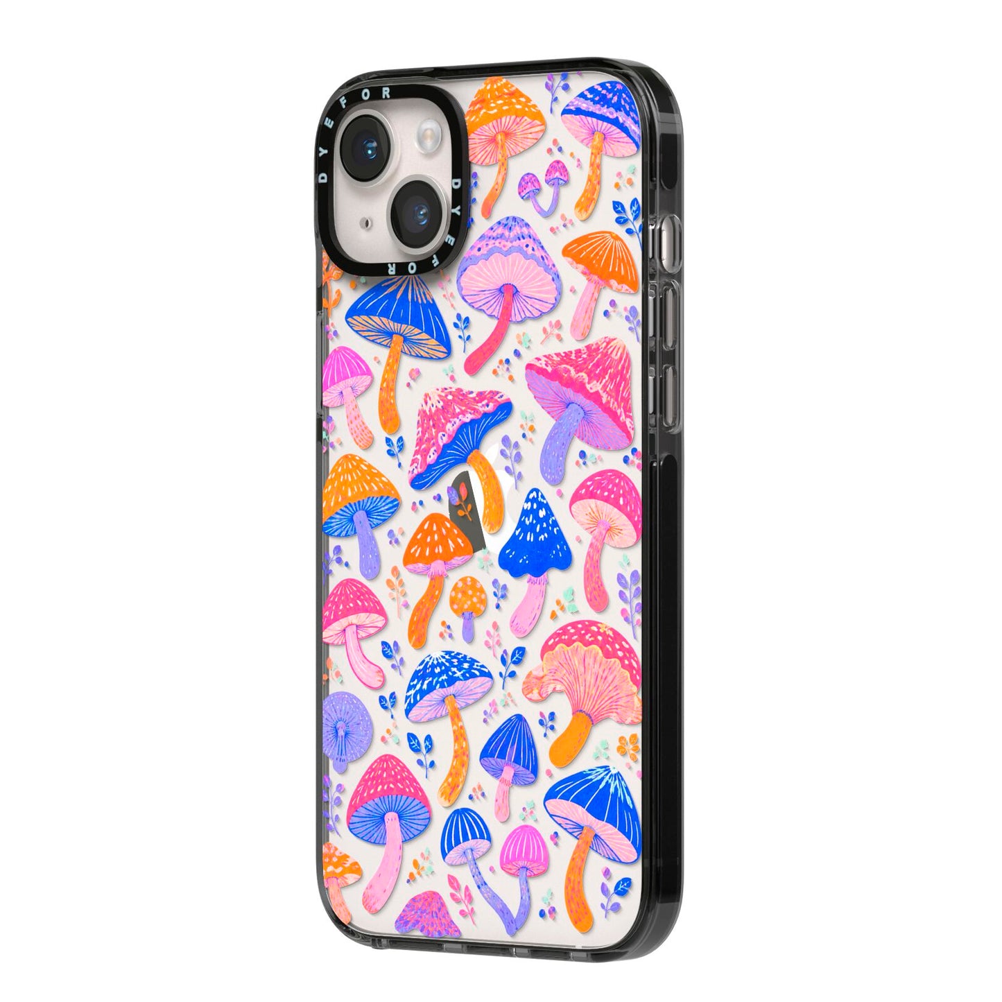 Mushroom Jive iPhone 14 Plus Black Impact Case Side Angle on Silver phone