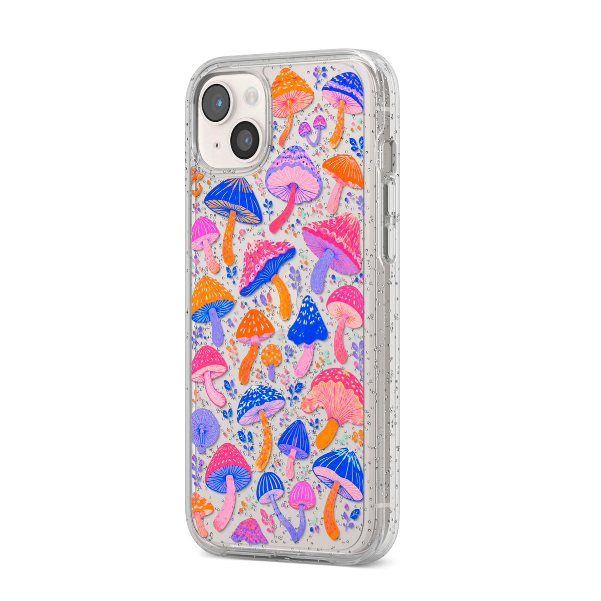 Mushroom Jive iPhone 14 Plus Glitter Tough Case Starlight Angled Image