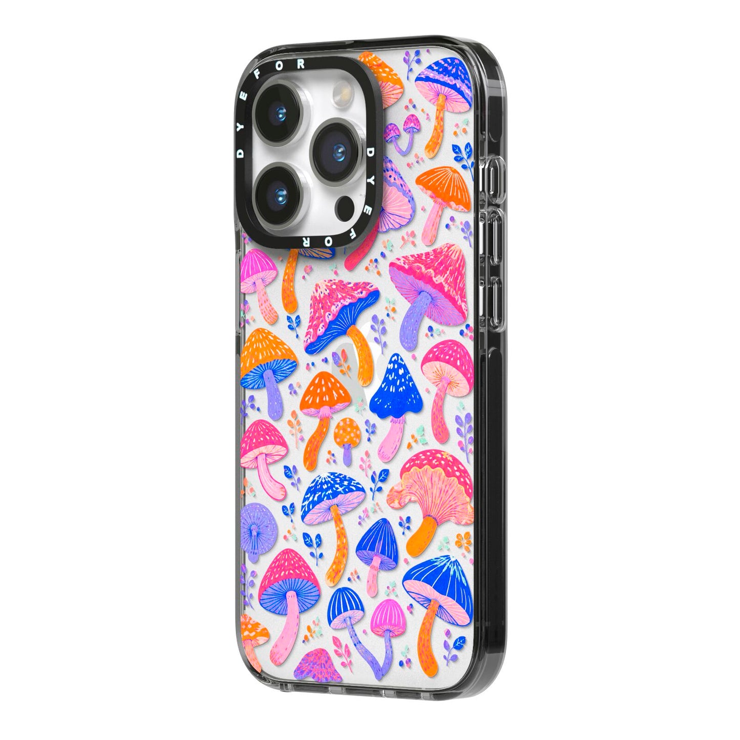 Mushroom Jive iPhone 14 Pro Black Impact Case Side Angle on Silver phone