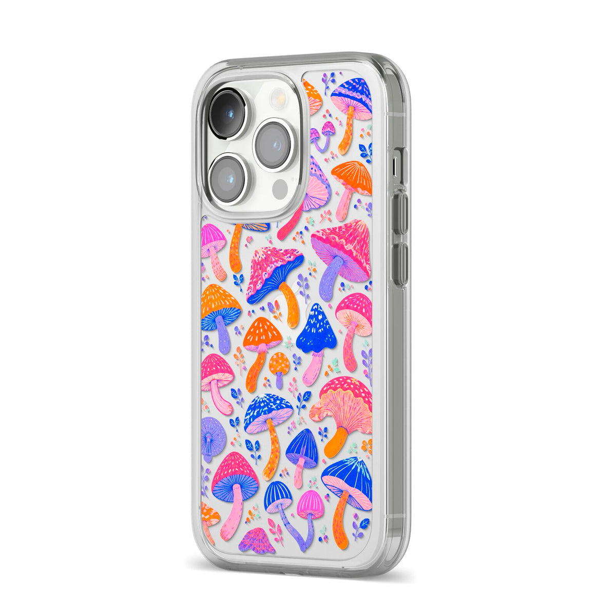 Mushroom Jive iPhone 14 Pro Clear Tough Case Silver Angled Image