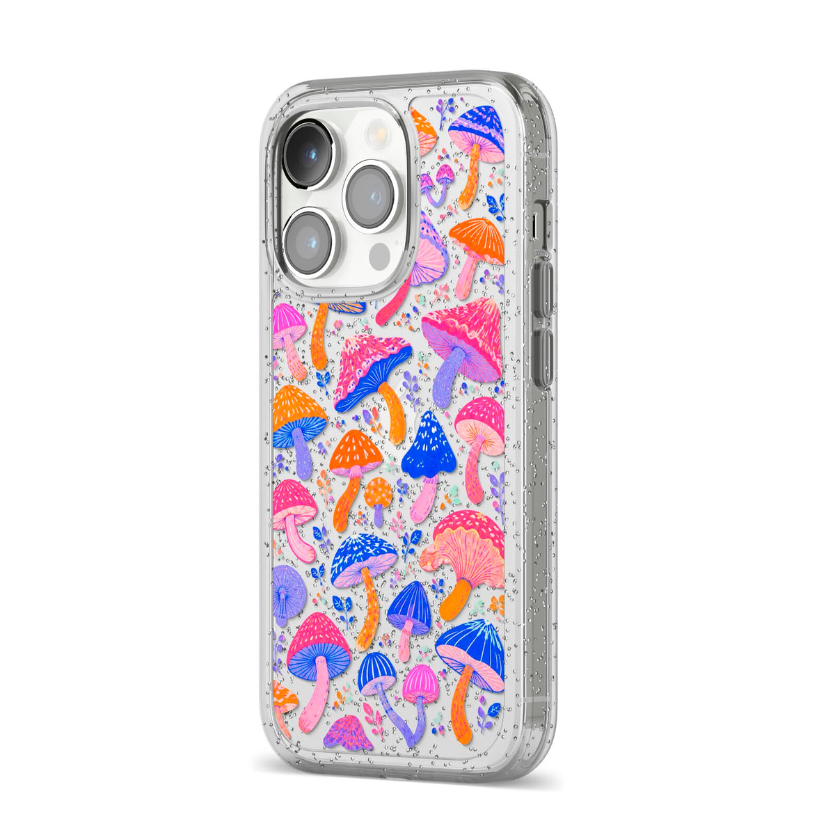 Mushroom Jive iPhone 14 Pro Glitter Tough Case Silver Angled Image
