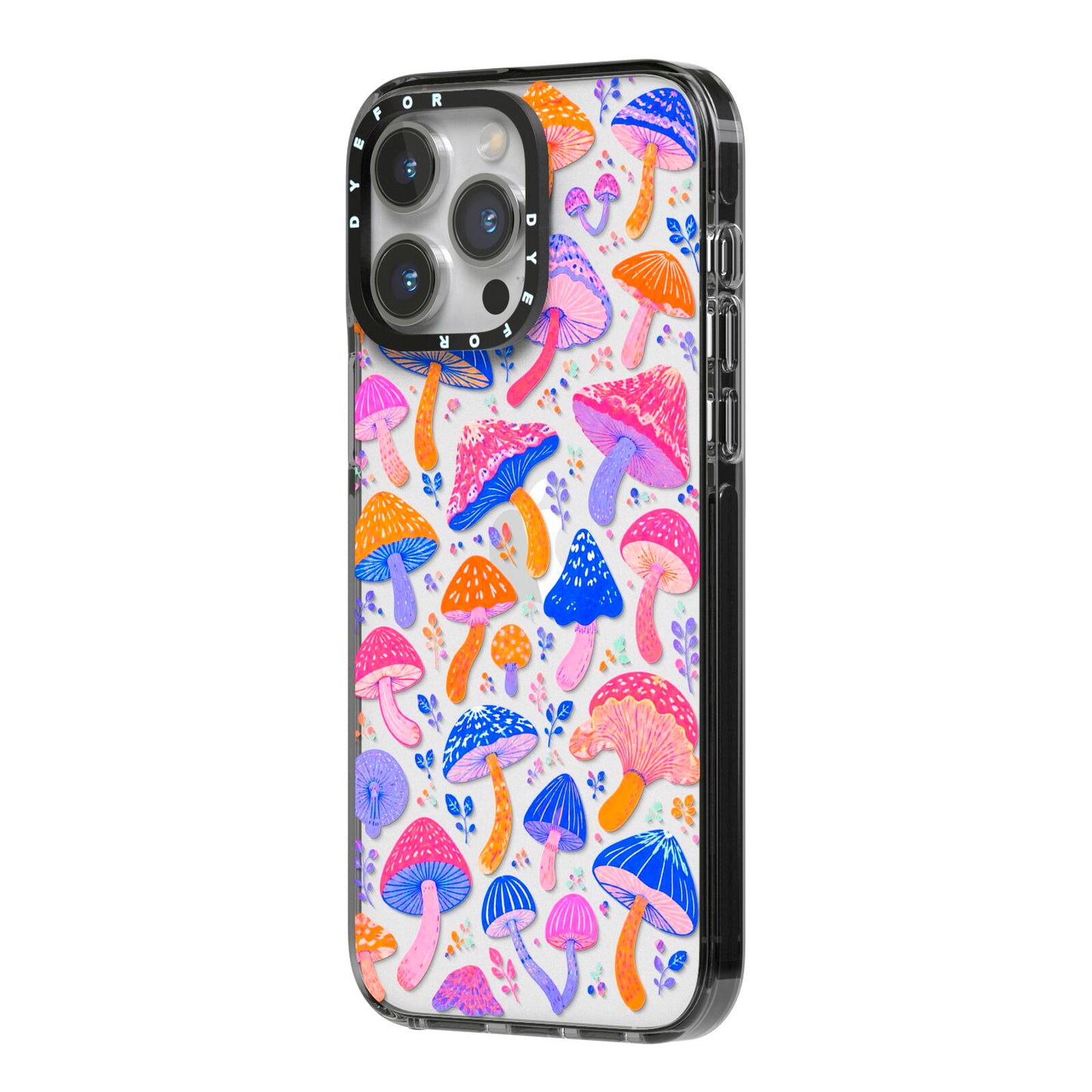 Mushroom Jive iPhone 14 Pro Max Black Impact Case Side Angle on Silver phone