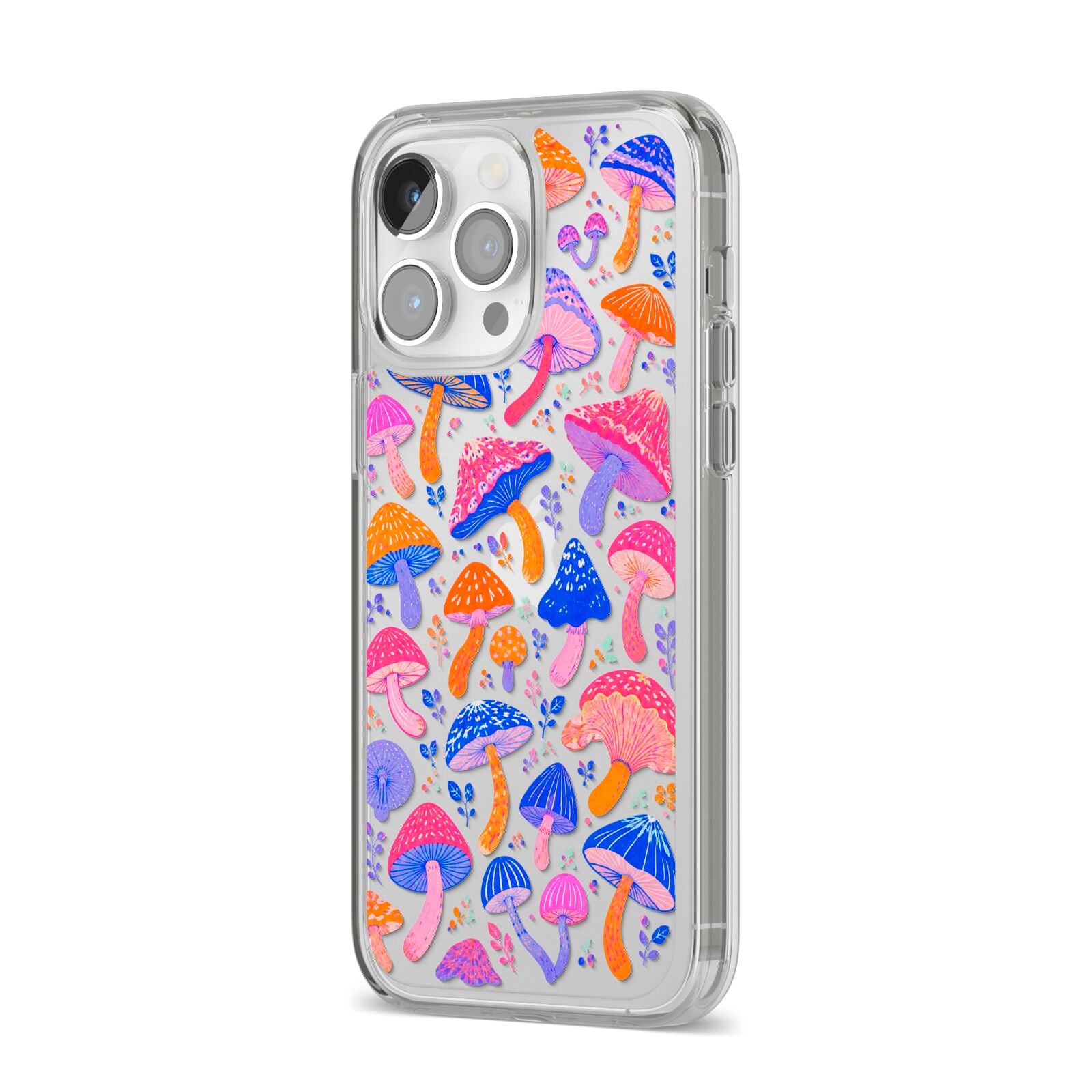 Mushroom Jive iPhone 14 Pro Max Clear Tough Case Silver Angled Image
