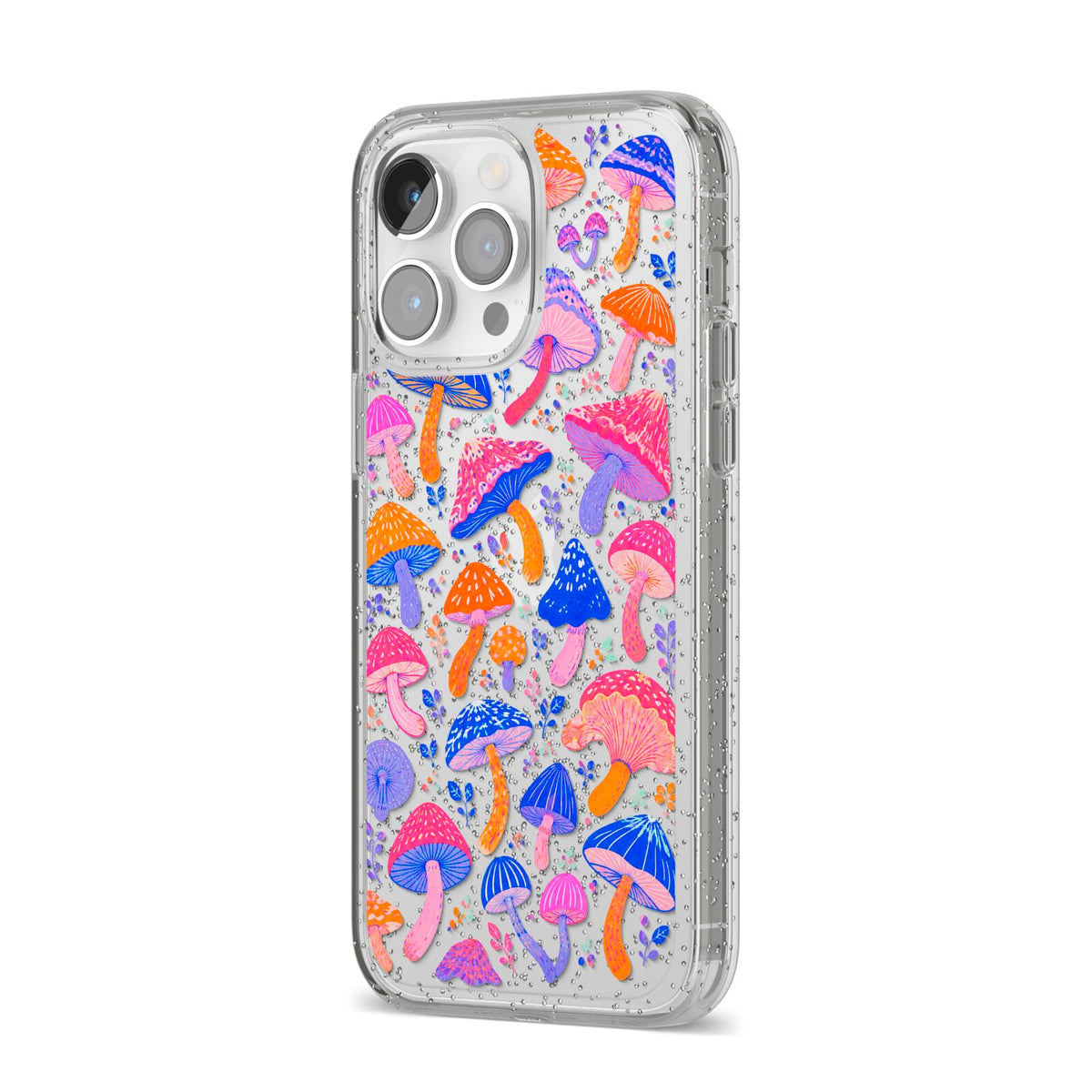 Mushroom Jive iPhone 14 Pro Max Glitter Tough Case Silver Angled Image