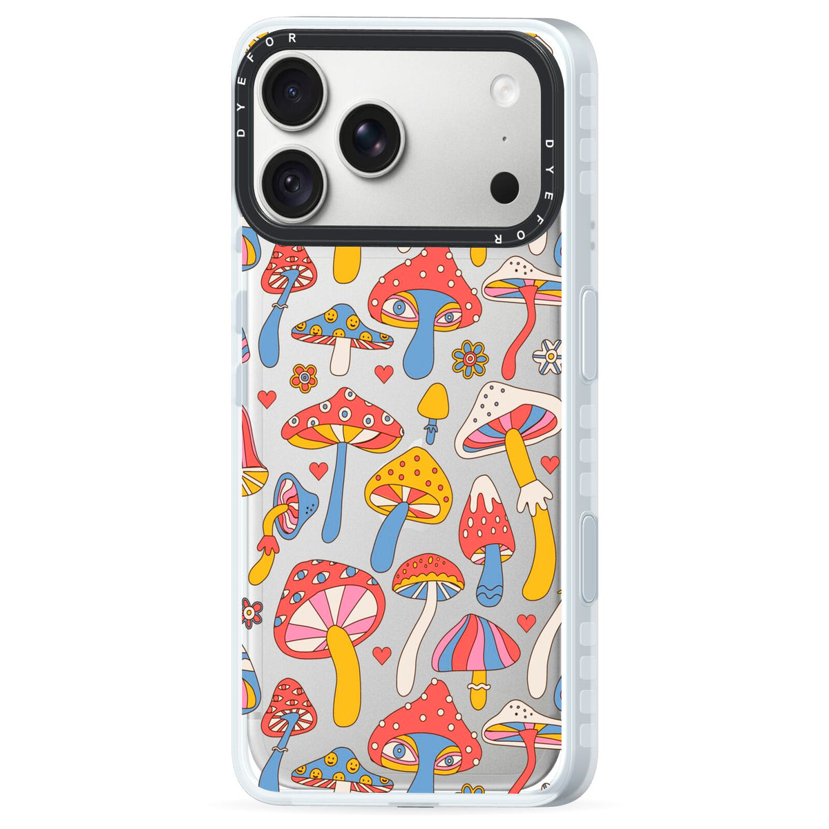 Mushroom Pattern iPhone 18 Pro Black Impact Pre order Case Side Angle on Silver phone