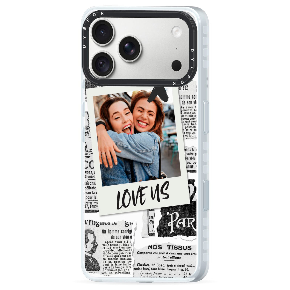 Newspaper Collage Photo Personalised iPhone 18 Pro Black Impact Pre order Case Side Angle on Silver phone
