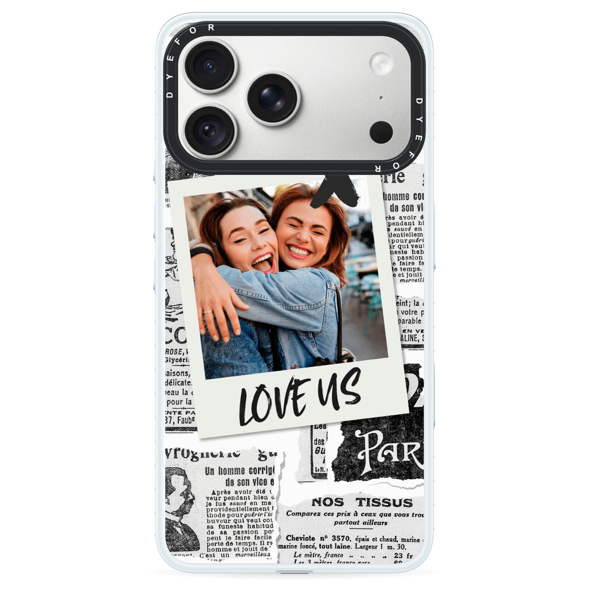Newspaper Collage Photo Personalised iPhone 18 Pro Max Black Impact Pre order Case on Silver phone
