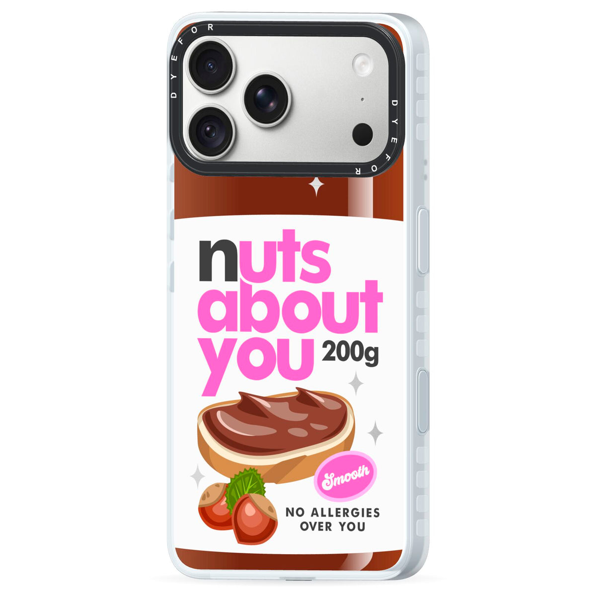 Nuts About You iPhone 18 Pro Max Black Impact Pre order Case Side Angle on Silver phone
