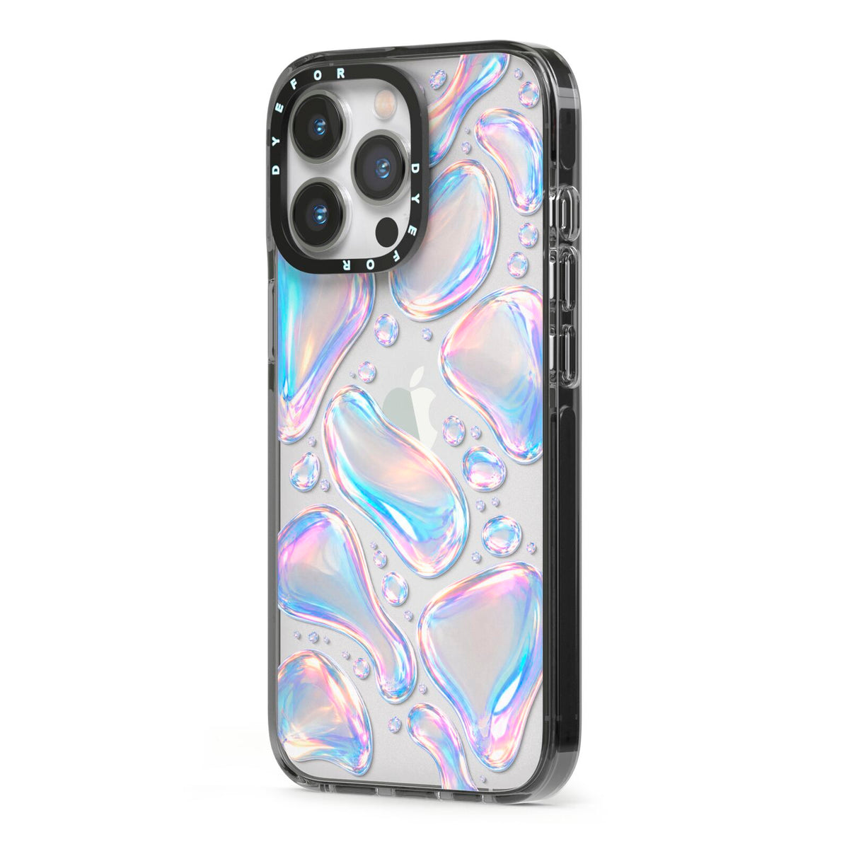 Opal Drift iPhone 13 Pro Black Impact Case Side Angle on Silver phone