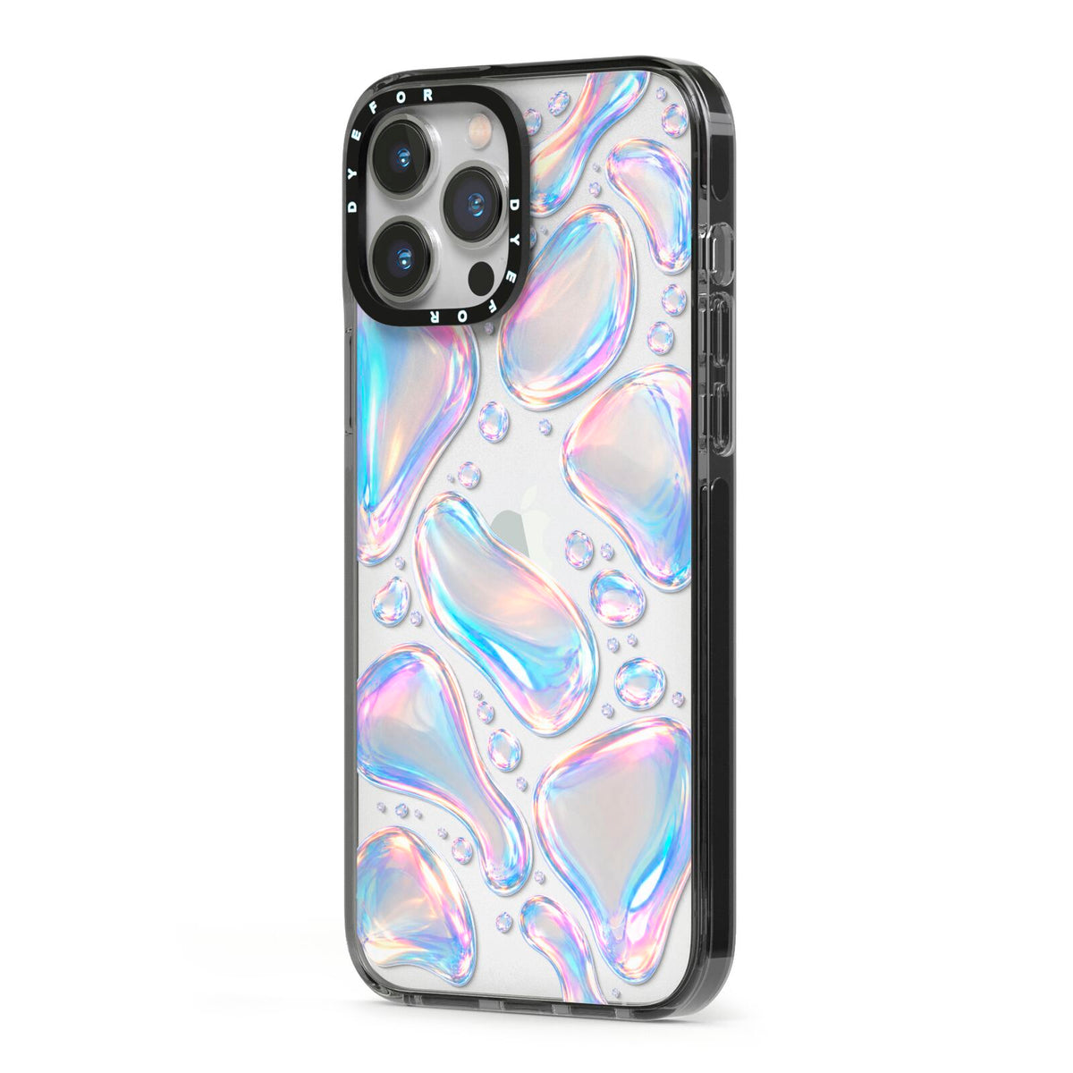 Opal Drift iPhone 13 Pro Max Black Impact Case Side Angle on Silver phone