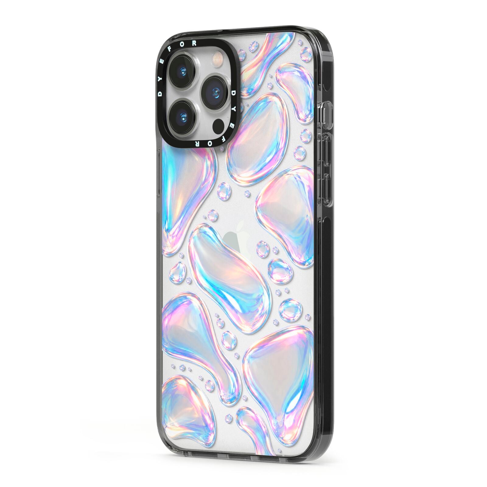 Opal Drift iPhone 13 Pro Max Black Impact Case Side Angle on Silver phone