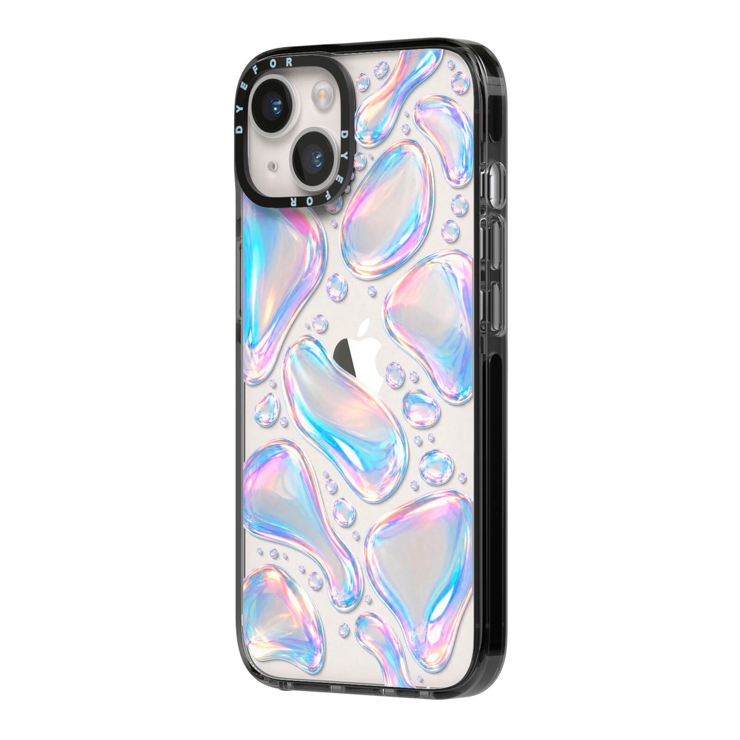Opal Drift iPhone 14 Black Impact Case Side Angle on Silver phone