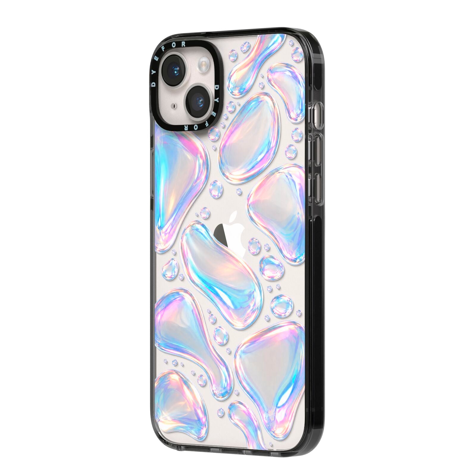 Opal Drift iPhone 14 Plus Black Impact Case Side Angle on Silver phone