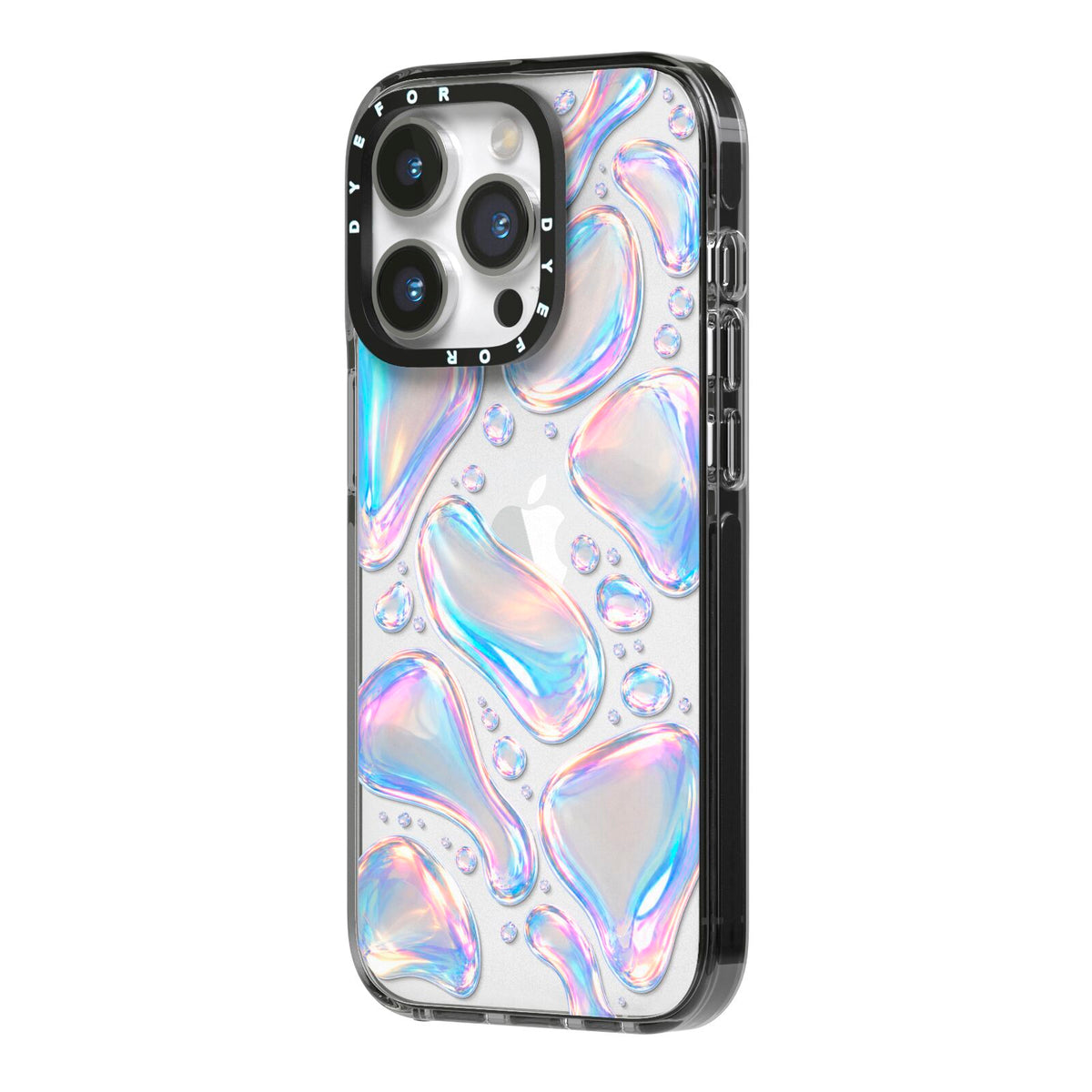 Opal Drift iPhone 14 Pro Black Impact Case Side Angle on Silver phone