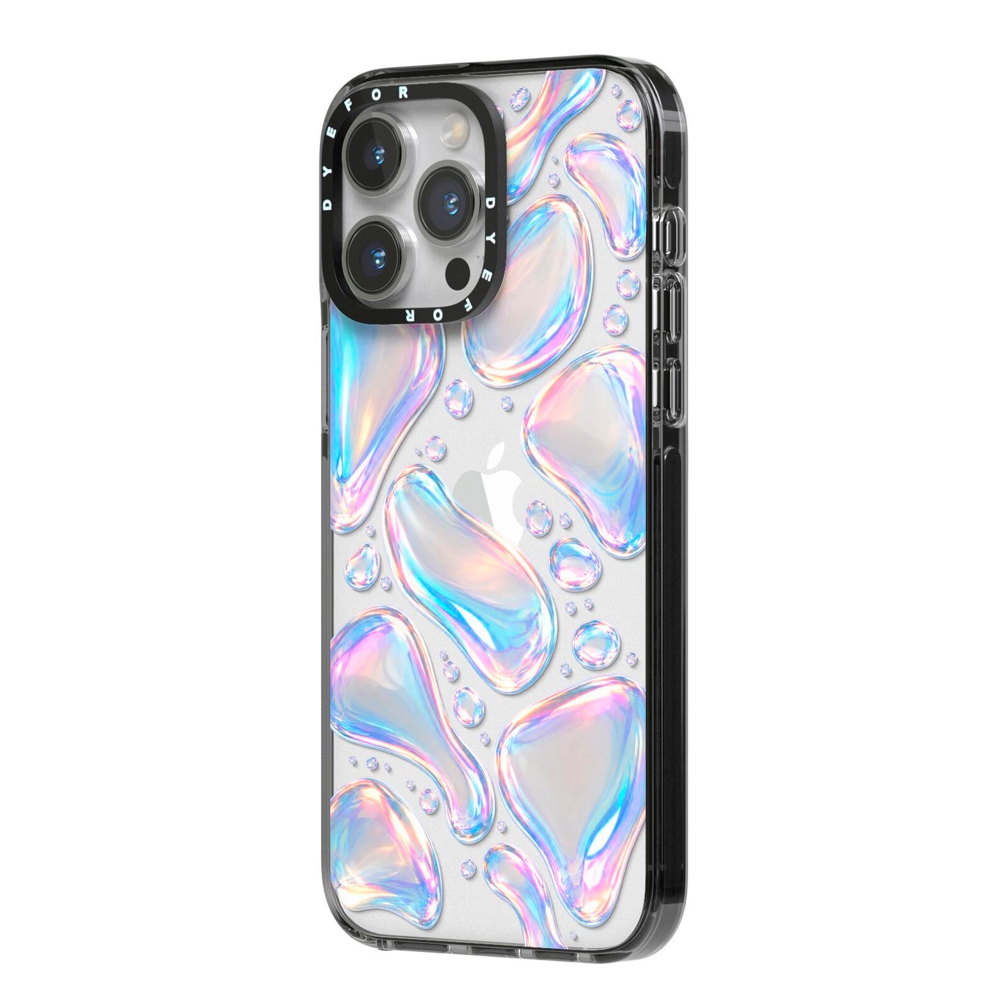 Opal Drift iPhone 14 Pro Max Black Impact Case Side Angle on Silver phone
